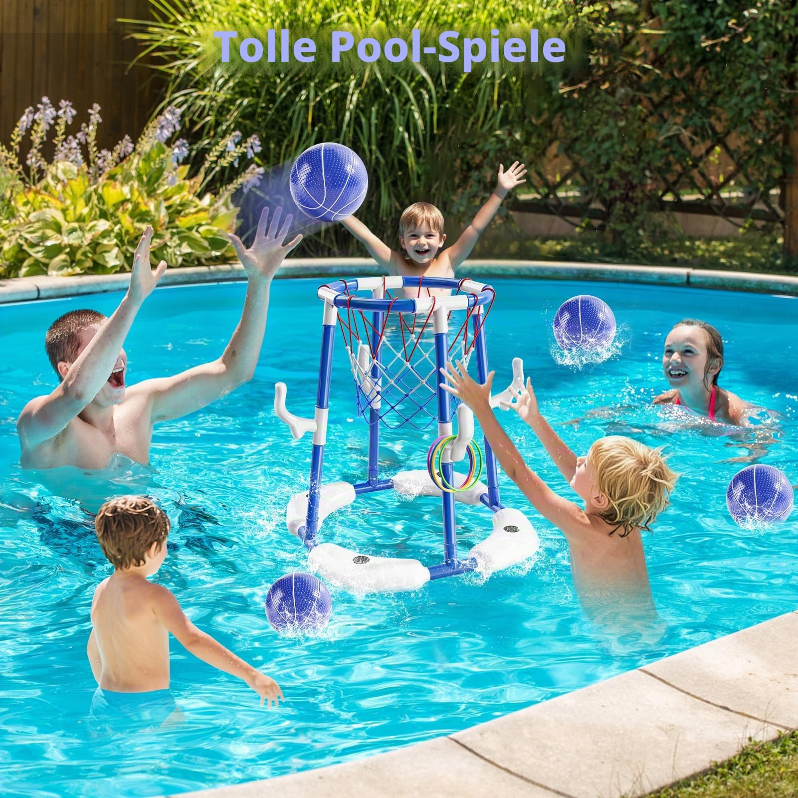 Sitodier Pool-Basketballkorb für Kinder, 2-in-1 schwimmendes Pool-Basketballspielzeug und Ringwurfspiel mit 4 Bällen und Pumpe, Basketballspiele für Kinder und Erwachsene, für drinnen und draußen