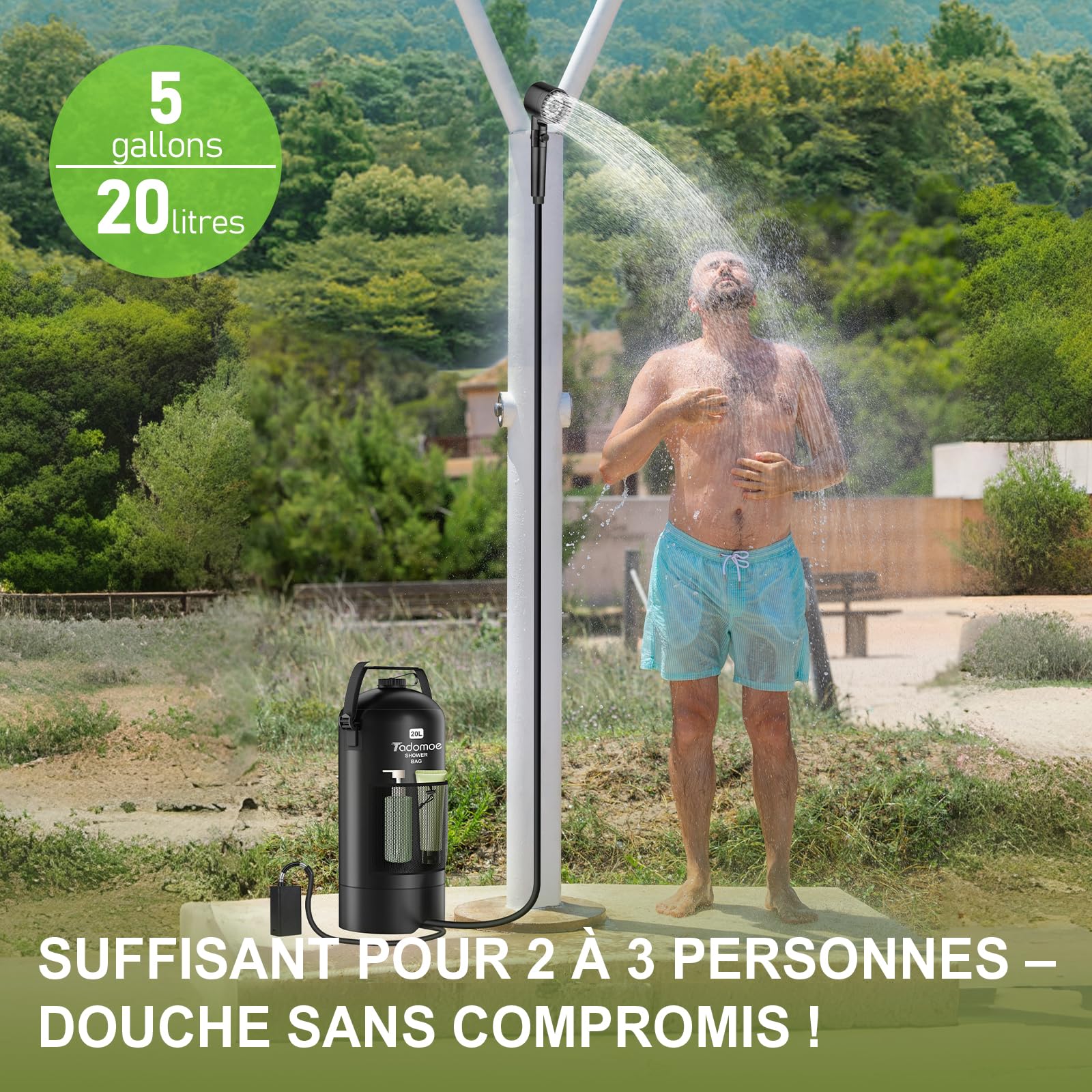 20l Douche Solaire Camping avec Pompe, 2000mAh Douche Portable Chauffante avec Sac et buse pour extérieur Camping, Randonnée et Car