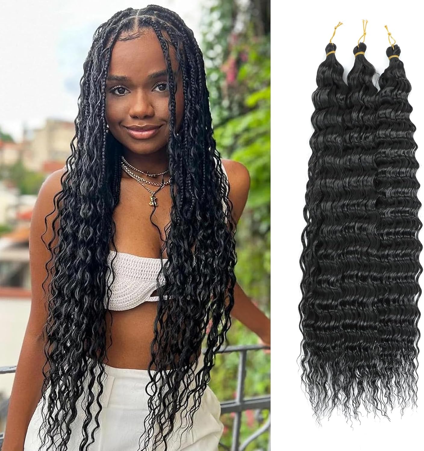 Ocean Wave Crochet Hair 3 Packs 22 Inch Deep Wave Wavy Braiding Hair Crochet Synthetic Braids Hair Extension For Black Women (22 inch 3 packs, 1B)