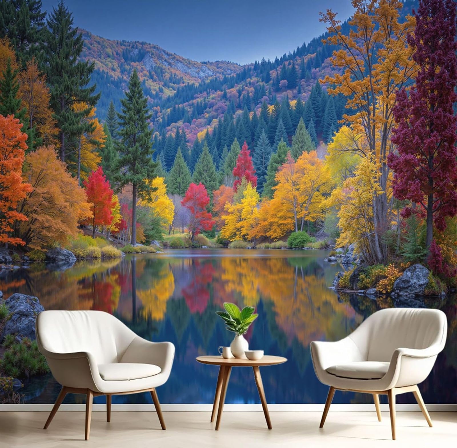 Kfjhgbdshhj 3D Mural Photo Mural-Wallpaper Autumn Forest For Living Room, Lake Reflection Mountains Wall Decor Wall Mural Decoration, Bedroom Restaurant Cafe Office Hallway, 400Cm X 280Cm Poster - Wall Sticker