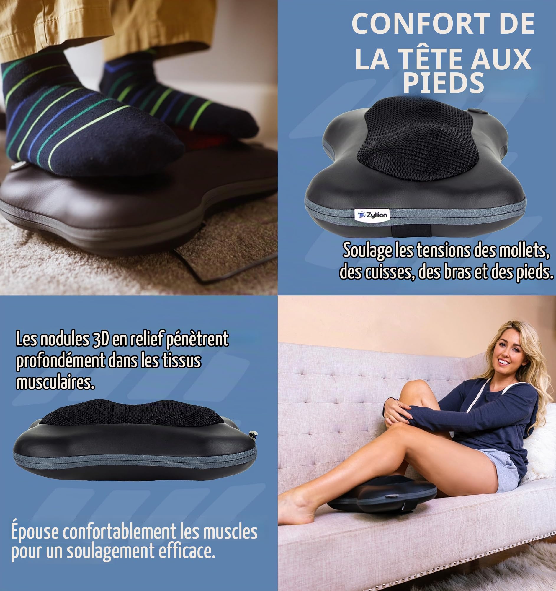 Zyllion Appareil de massage Shiatsu pour le dos et la nuque - Coussin de massage des tissus profonds avec pétrissage 3D et chaleur pour soulager les douleurs musculaires - Noir (ZMA-13-BK)