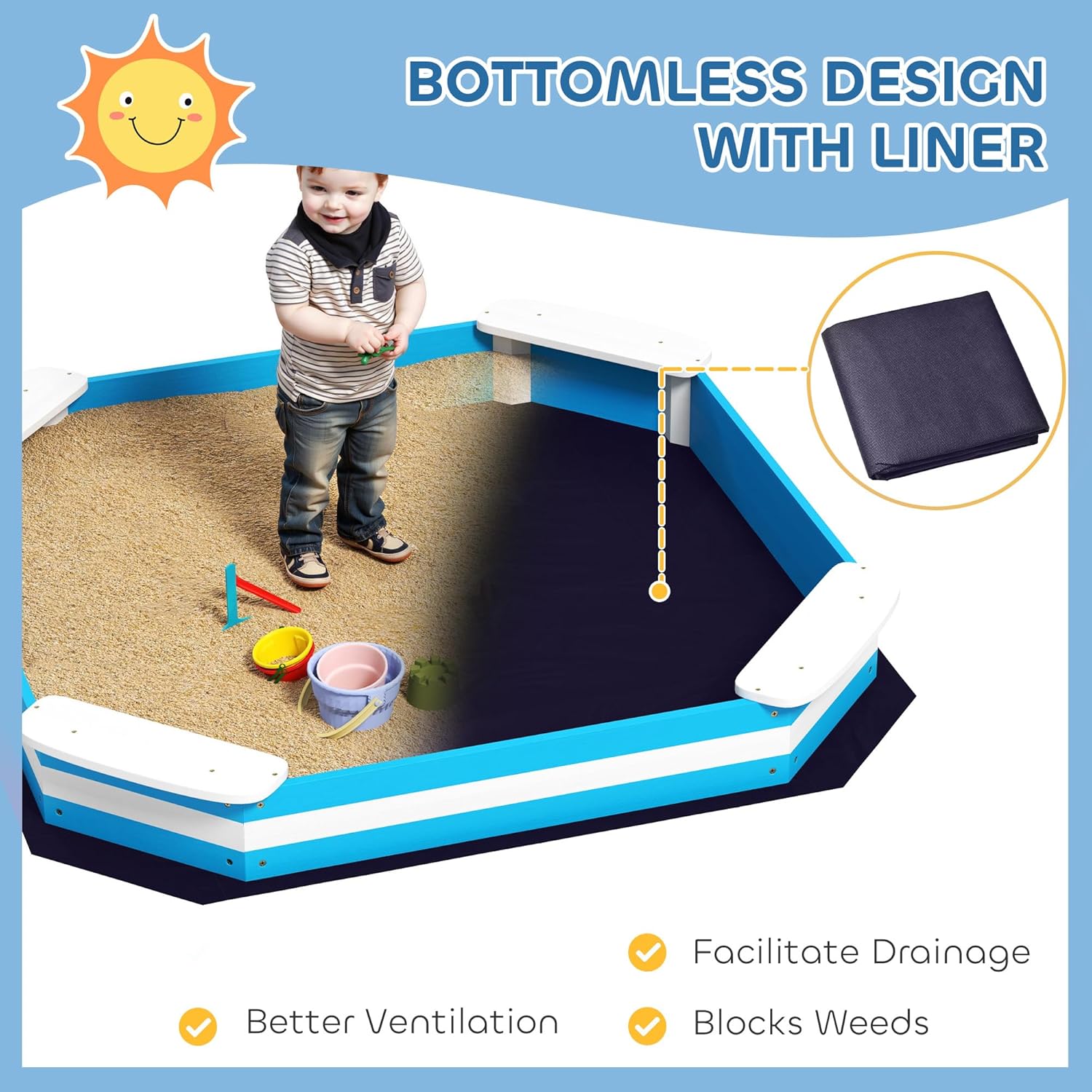 Qaba Kids Sandbox, Outdoor Wooden Sand Pit with 4 Corner Seats, Bottom Liner for Backyard, Garden, 52" x 52" x 6", Blue