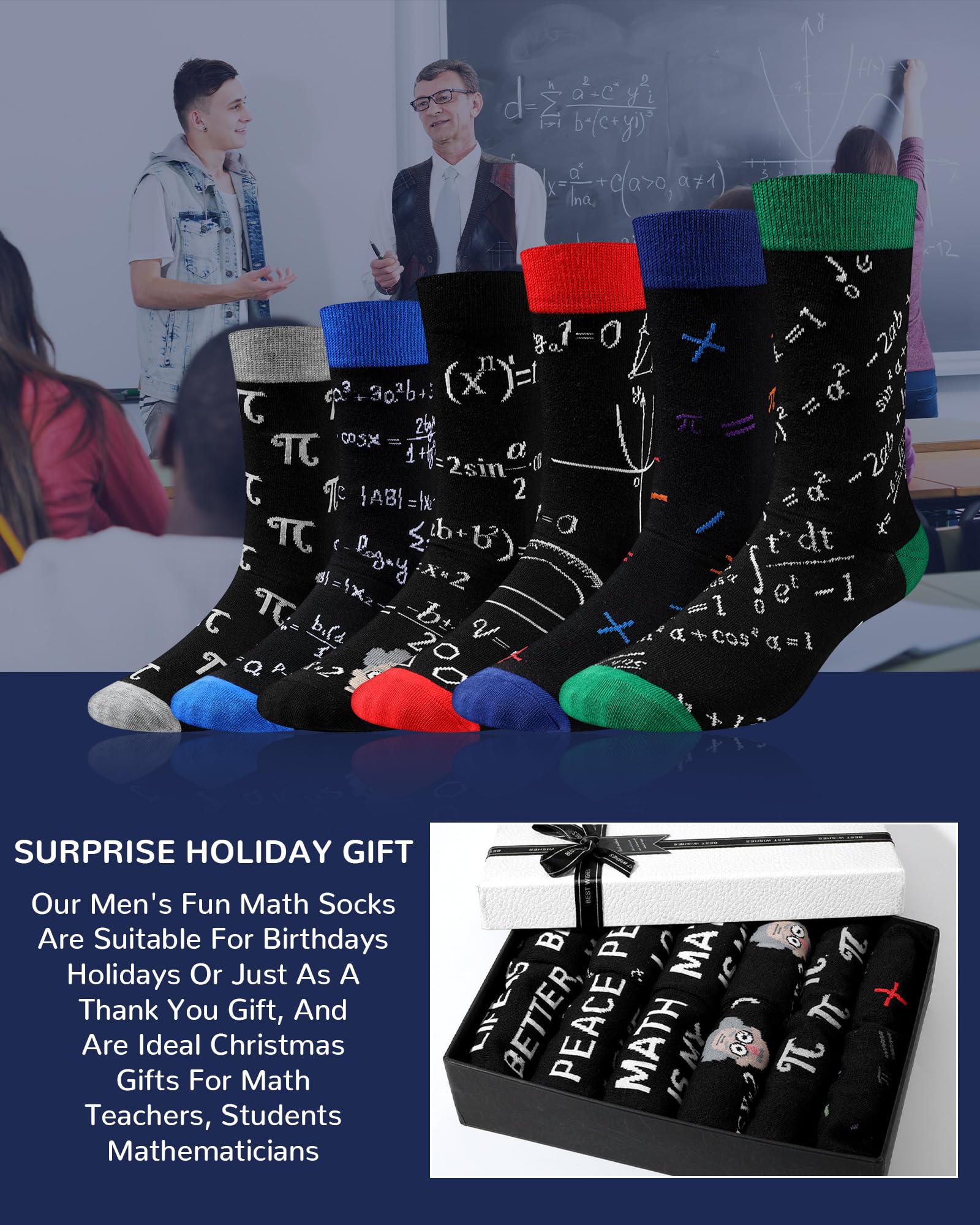 Eurzom 6 Pairs Funny Math Chemistry Pi Socks for Men Math Science Teacher Gift Father Day Mathematicians Chemist Scientists