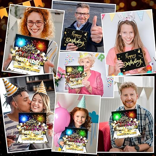 Miniatura 6 de Tarjeta de cumpleaños, tarjetas de cumpleaños musicales desplegables con luces de fuegos artificiales, vela de luz LED soplada y reproduce música de
