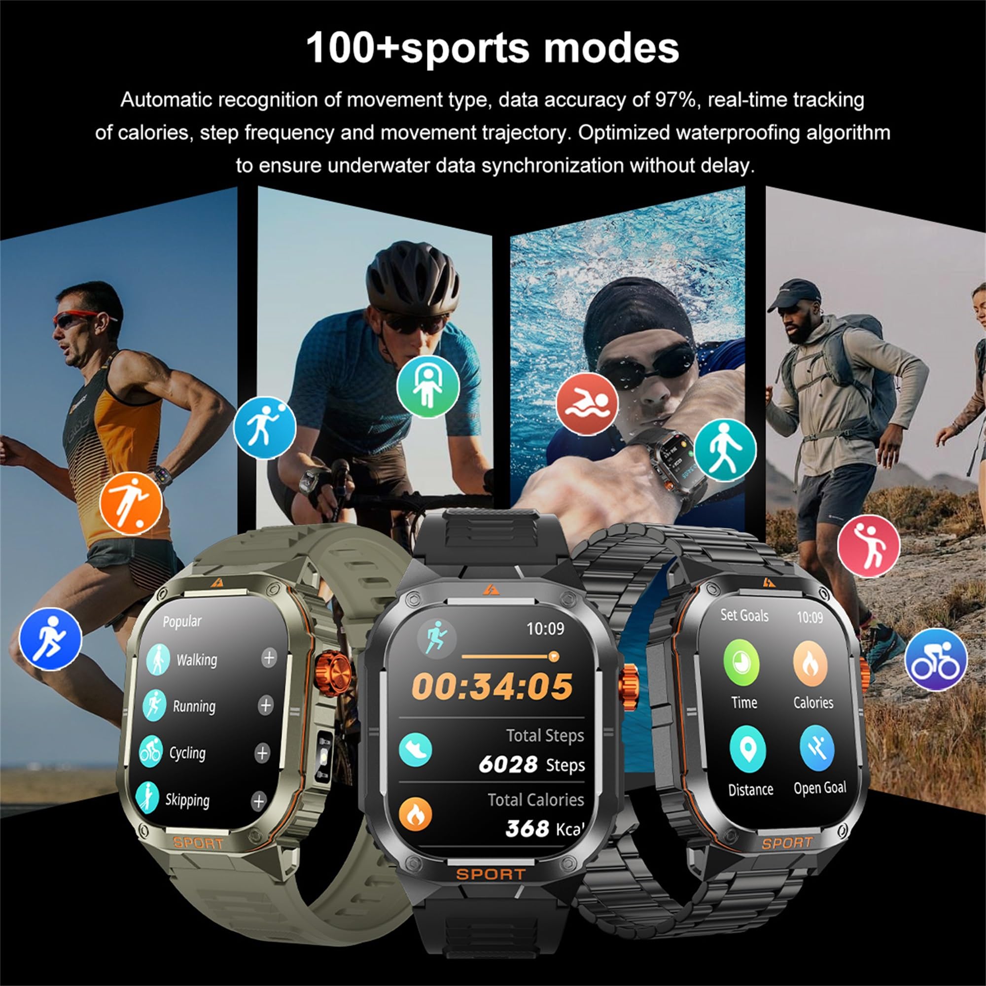 Smartwatch męski z funkcją telefonu, bateria 350 mAh, 2,01" AMOLED zegarek sportowy z Bluetooth, połączenia, zegarek fitness z monitorem snu, krokomierzem, wodoszczelność 5ATM, Smart Watch do systemu