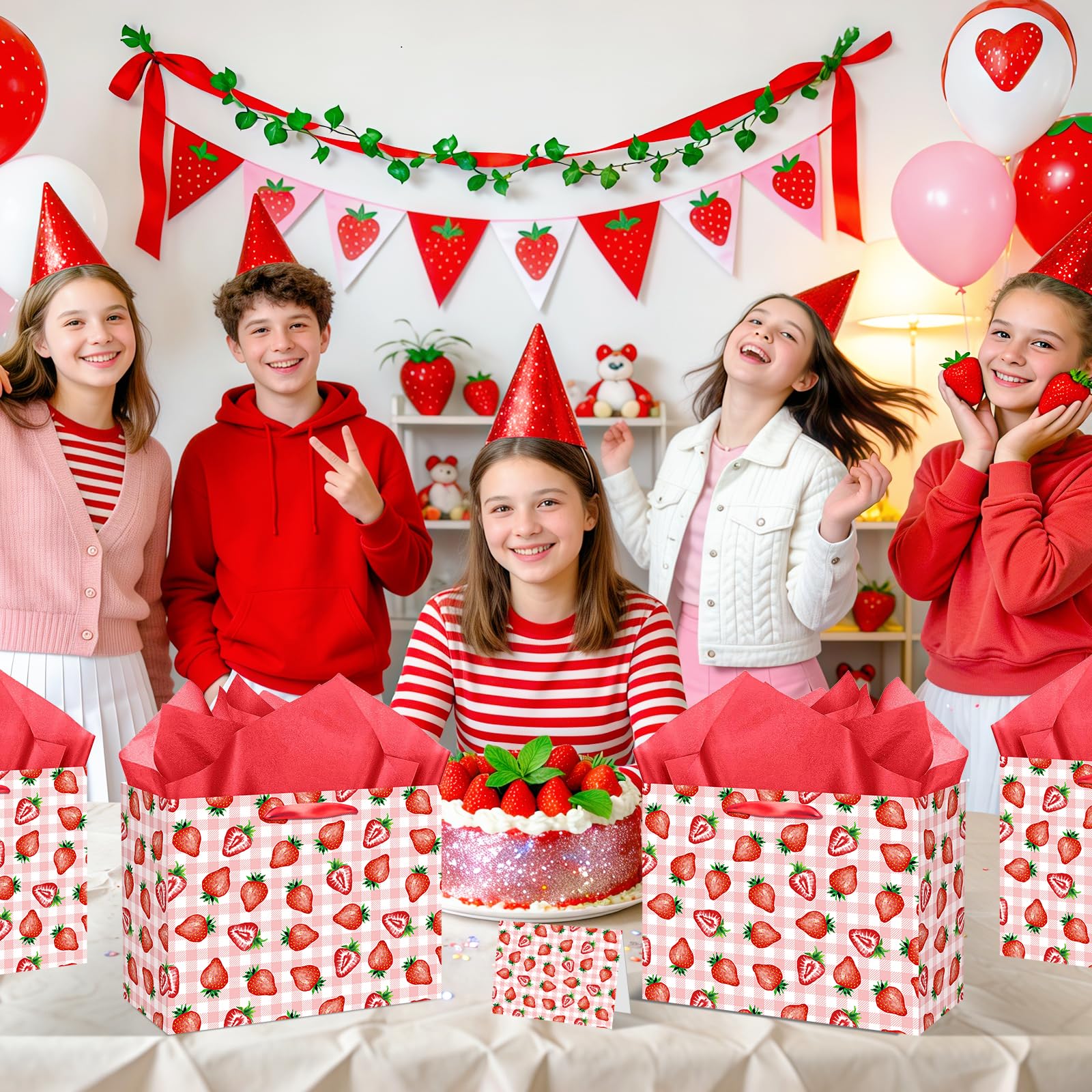 Strawberry Gift Bag with Red Tissue Paper & Card Pink Gingham Plaid Gift Wrapping Bag - Berry Sweet Theme Party Supplies for Women Teen Girls 1st Birthday, Baby Shower, Bridal Shower Summer Picnic
