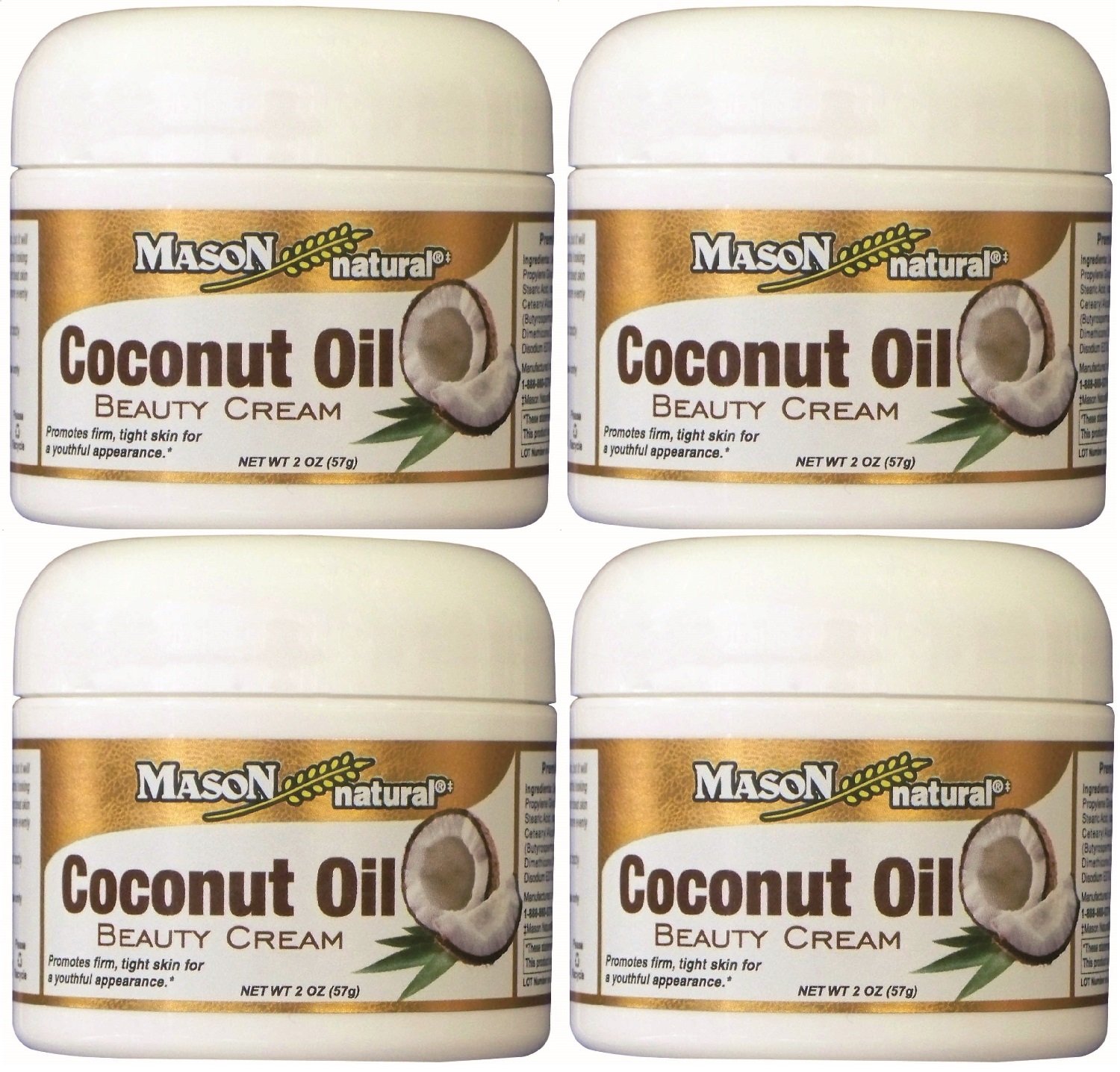MasonNaturals Coconut Oil Beauty Cream 2 oz. per Jar PACK of 4 Promotes Firm, Tight Skin
