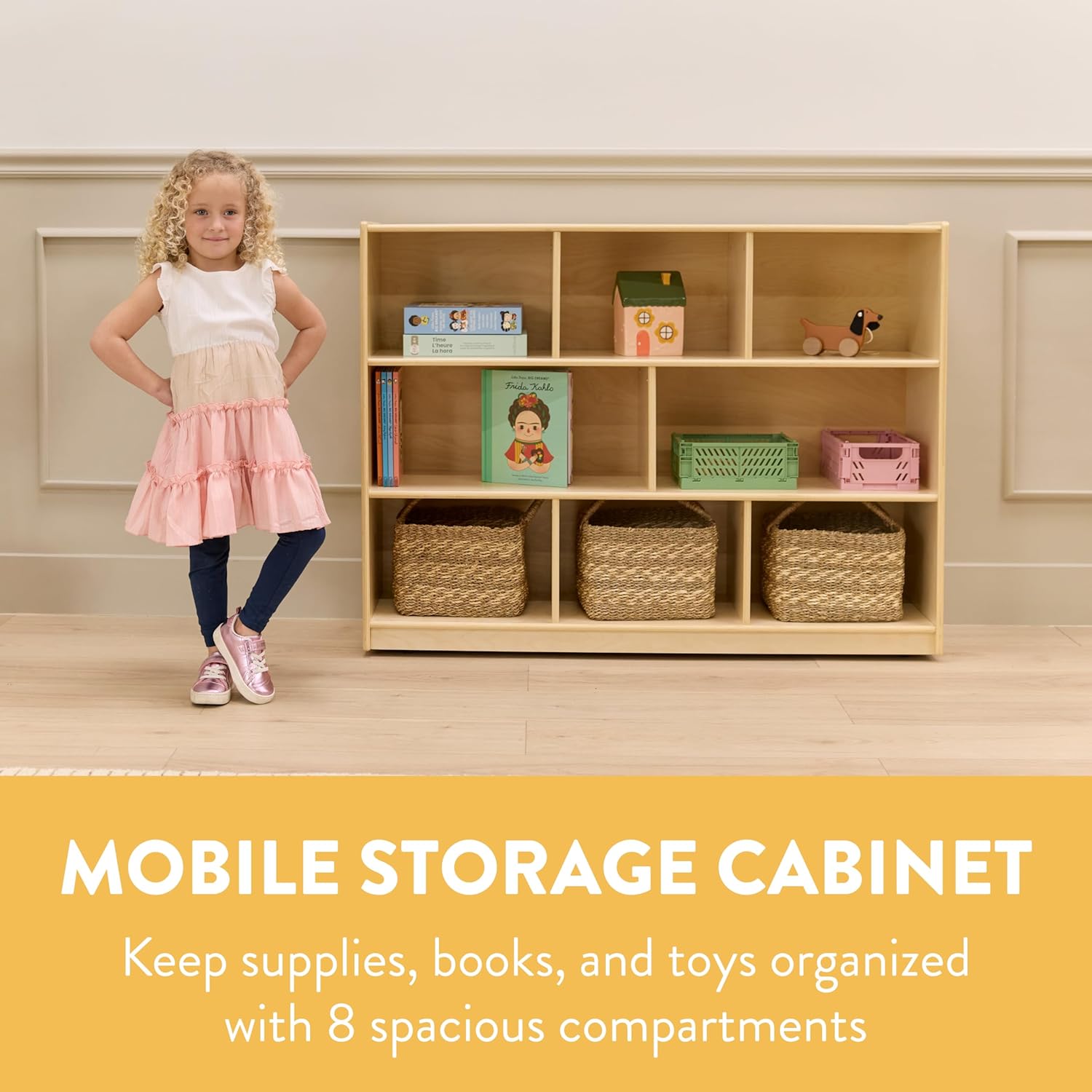 8-Compartment Mobile Storage Cabinet, Elementary, Classroom Furniture, Natural