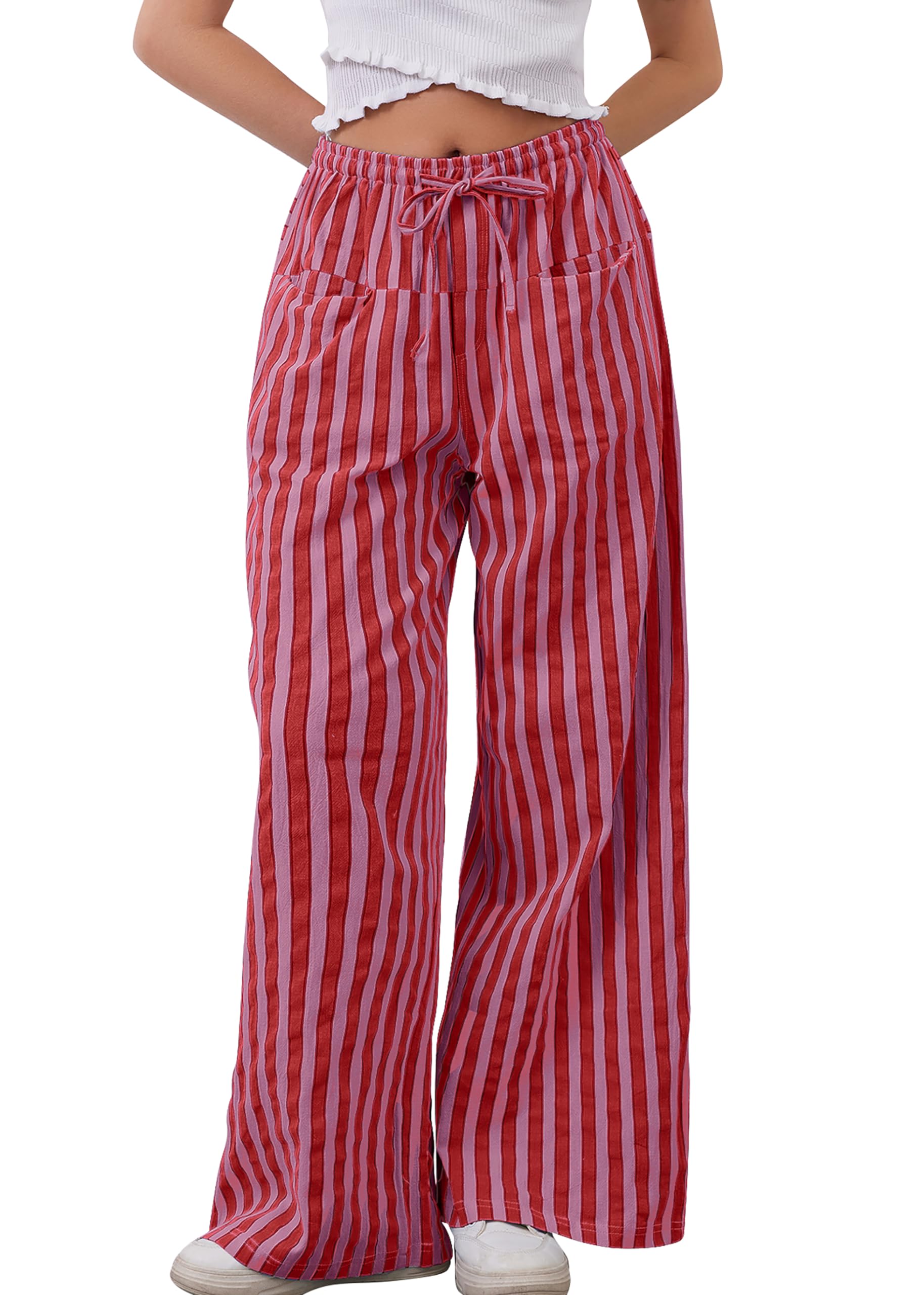 MISSACTIVER Women Drawstring Striped Pants Loose Wide Leg Trousers Casual Low Waist Pants Comfy Lounge Pants with Pockets