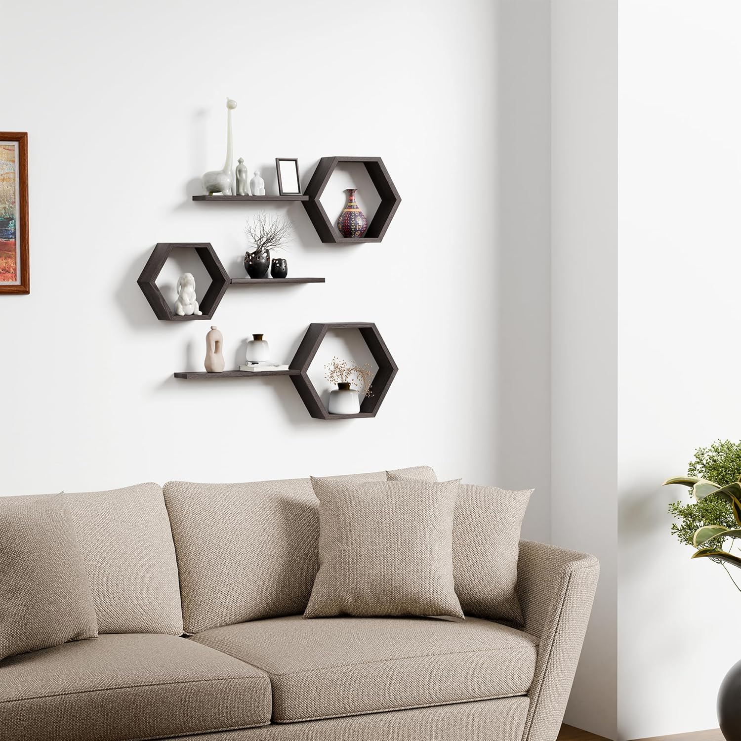 Hexagon Floating Shelves Set of 6 Honeycomb Shelves for Wall, Wooden Hexagon Shelves for Farmhouse Storage (Rustic Brown)