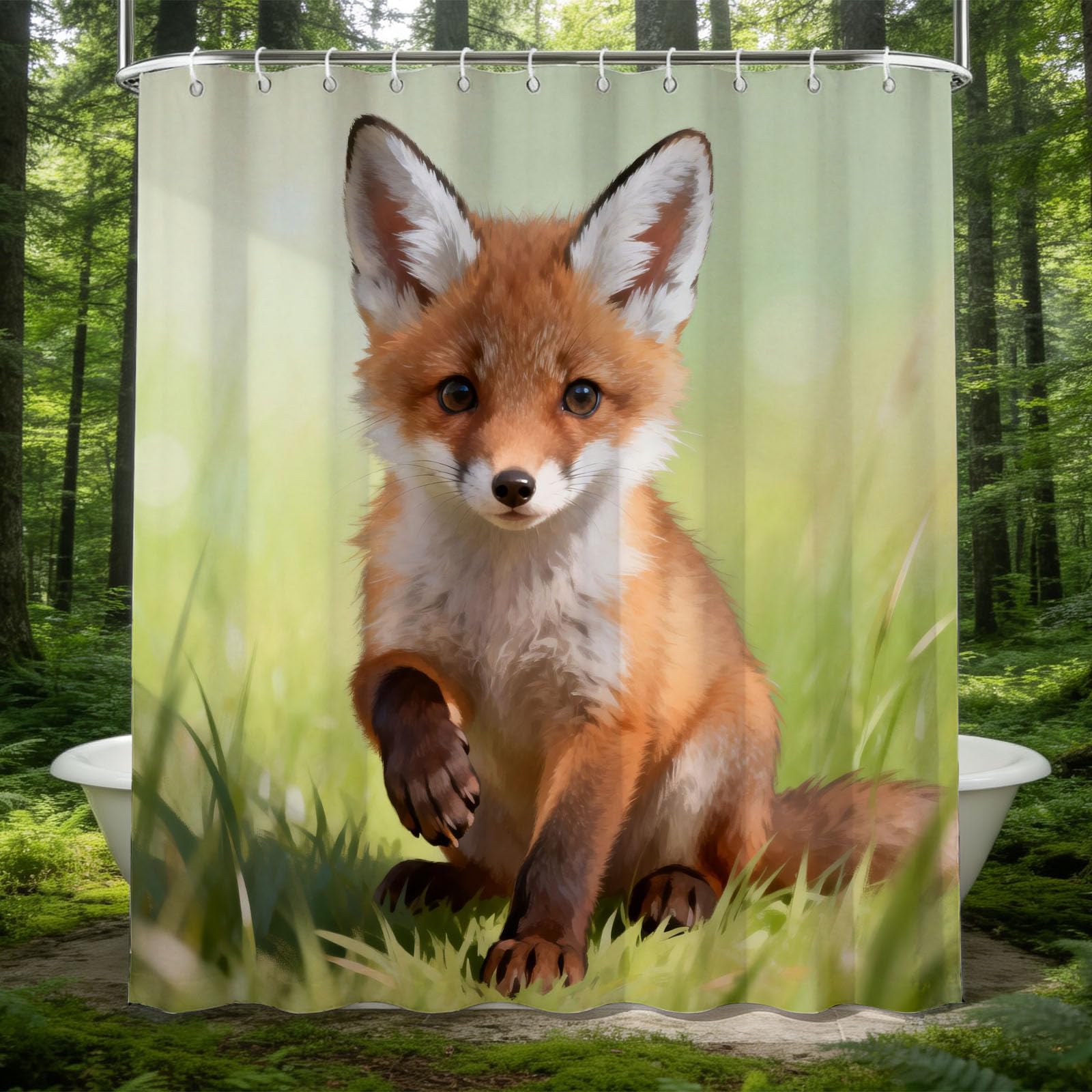 Hongduo 3D Fox Cub Shower Curtain for Stalls Bathtubs Nature Theme Bathroom Decor Shower Curtain Set Polyester Fabric Waterproof 180x200cm/71X79 Inch with Hooks