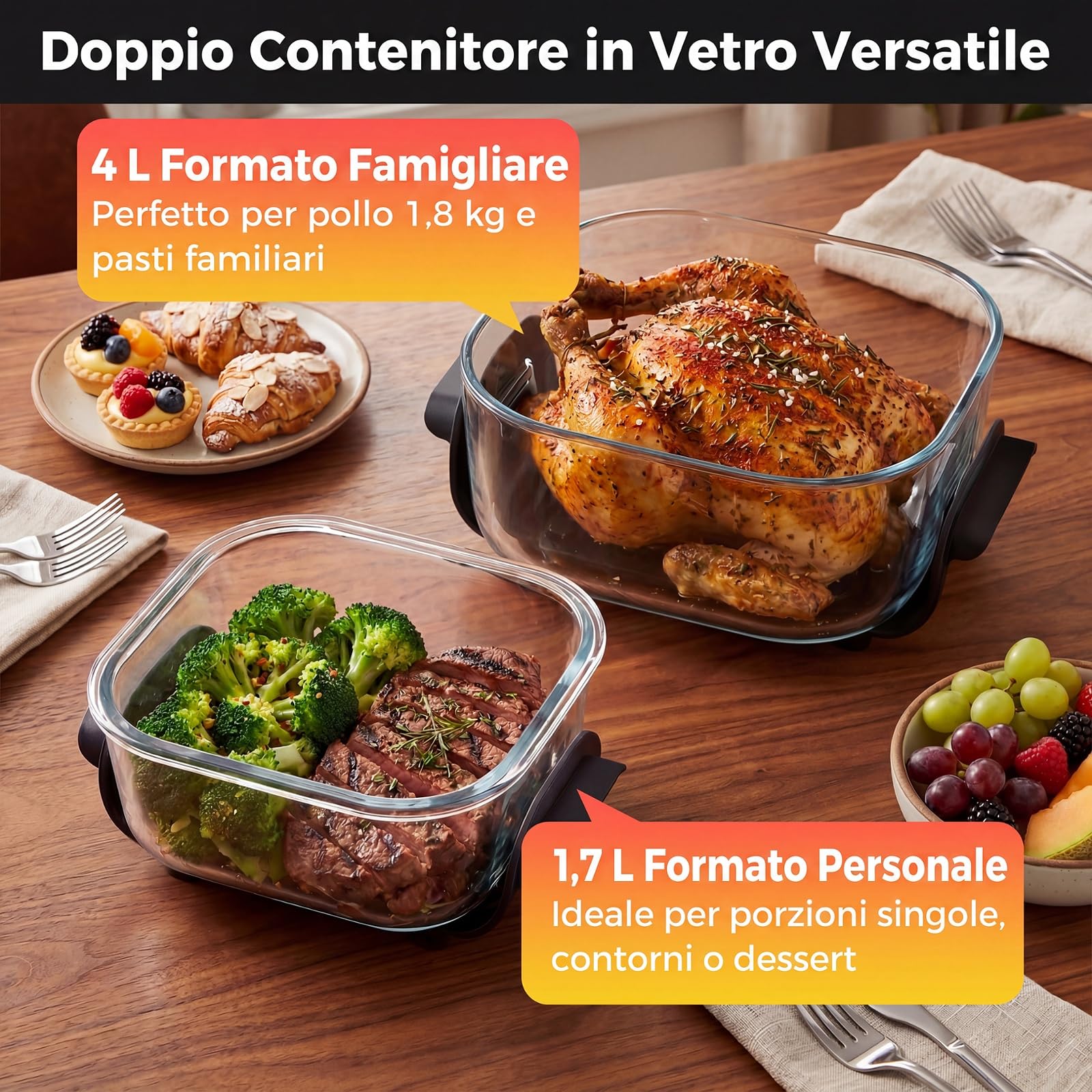 COSTWAY 4 L Friggitrice ad Aria Portatile 1500 W, Friggitrice Elettrica con 2 Griglie, 2 Contenitori Vetro con Coperchio, Forno ad Aria Calda con Display Touch, Temperatura Regolabile (Nero)