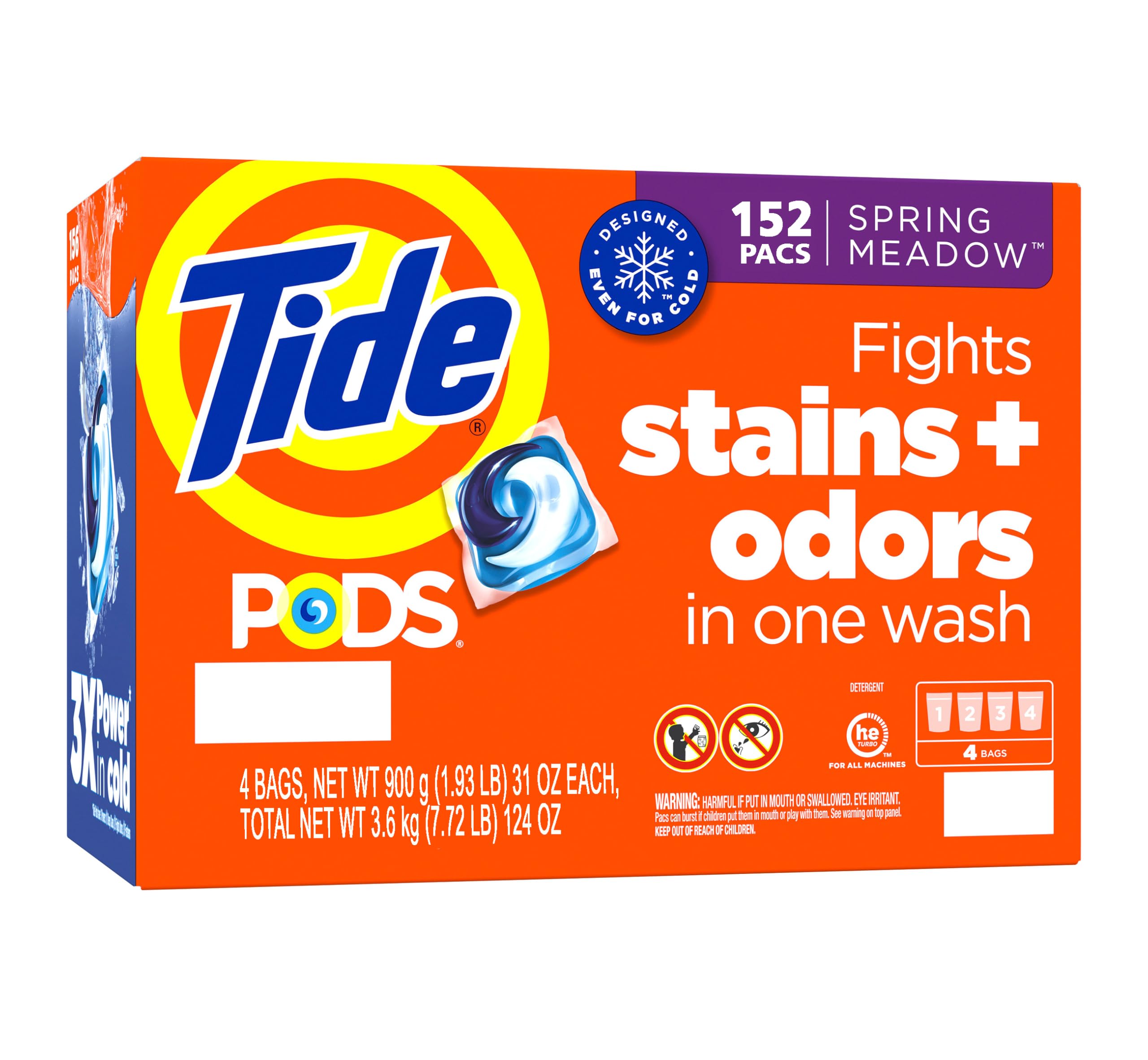 Tide PODS Liquid Laundry Detergent Pacs, Tide Spring Meadow 3-in-1 cold water clean 152 pods. 152 Count
