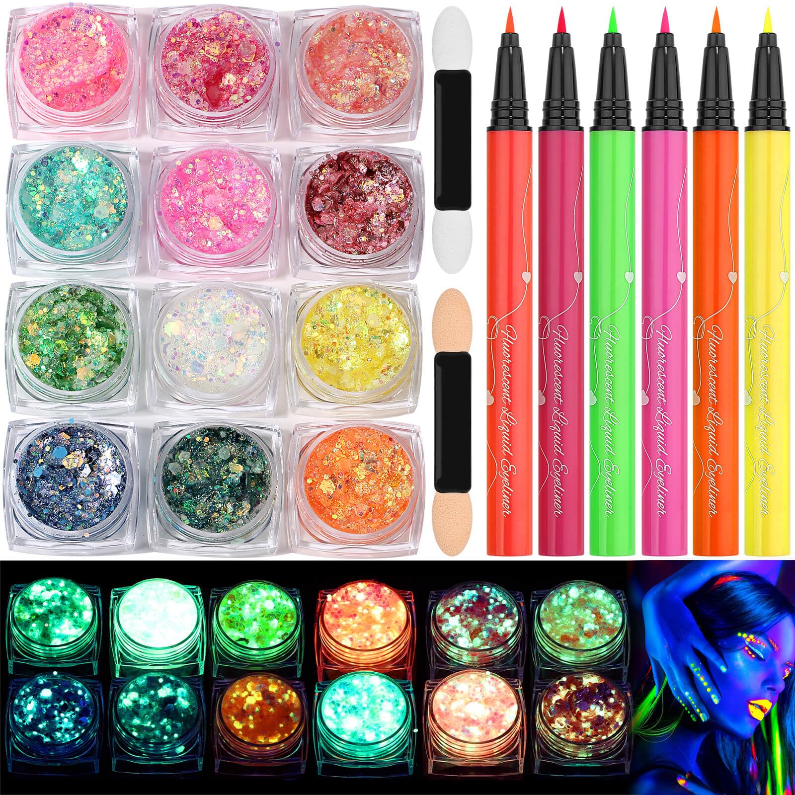 Glow in the Dark Glitter Gel with UV Neon Liquid Eyeliner Pen Set for Body Face Hair Eye, Makeup Kit for Rave Accessories Party Halloween Anime Cosplay Concerts Festival Carnival Face Paint