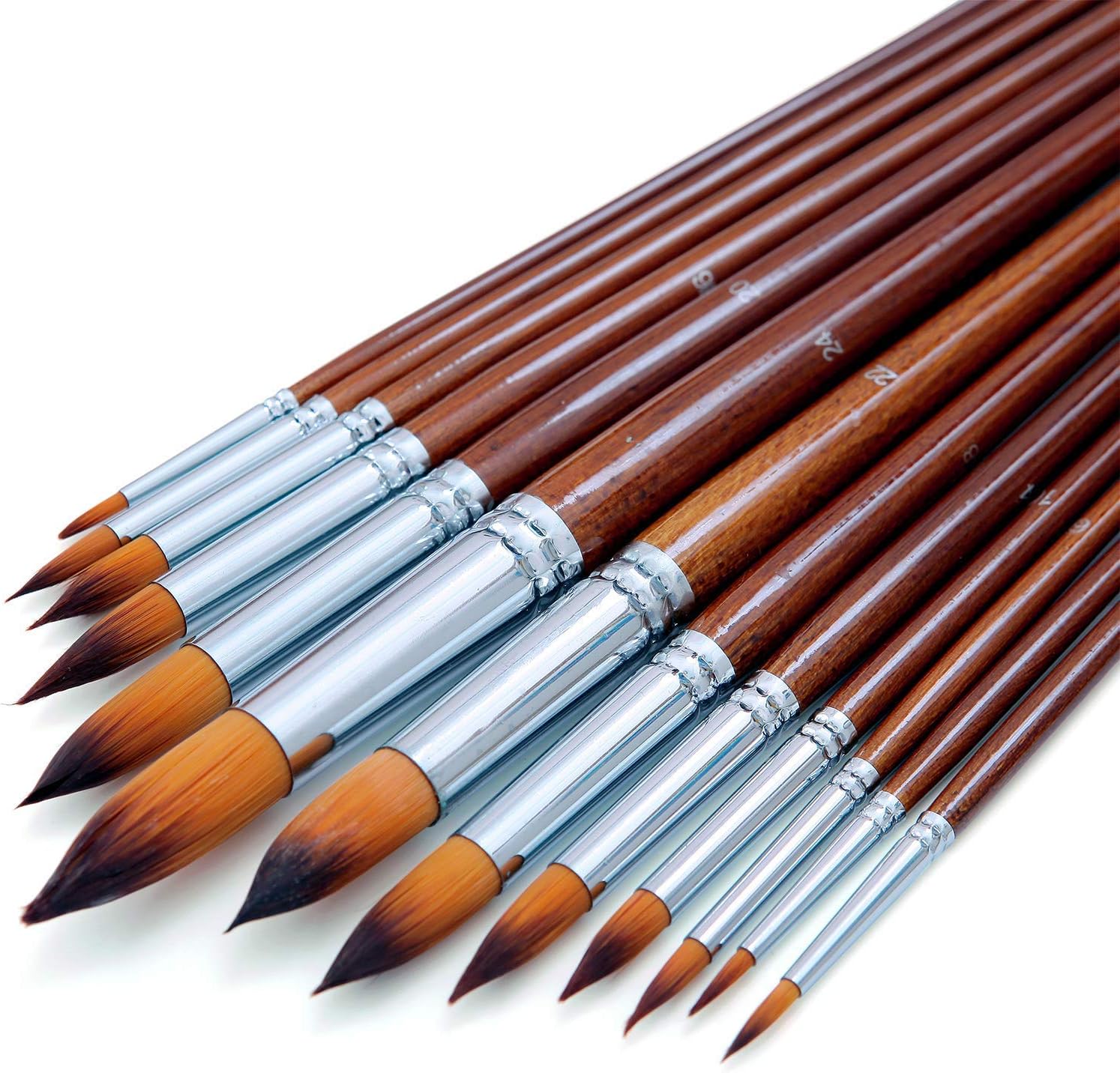 Artist Watercolor Paint Brushes Set 13pcs - Round Pointed Tip Soft Anti-Shedding Nylon Hair Wood Long Handle