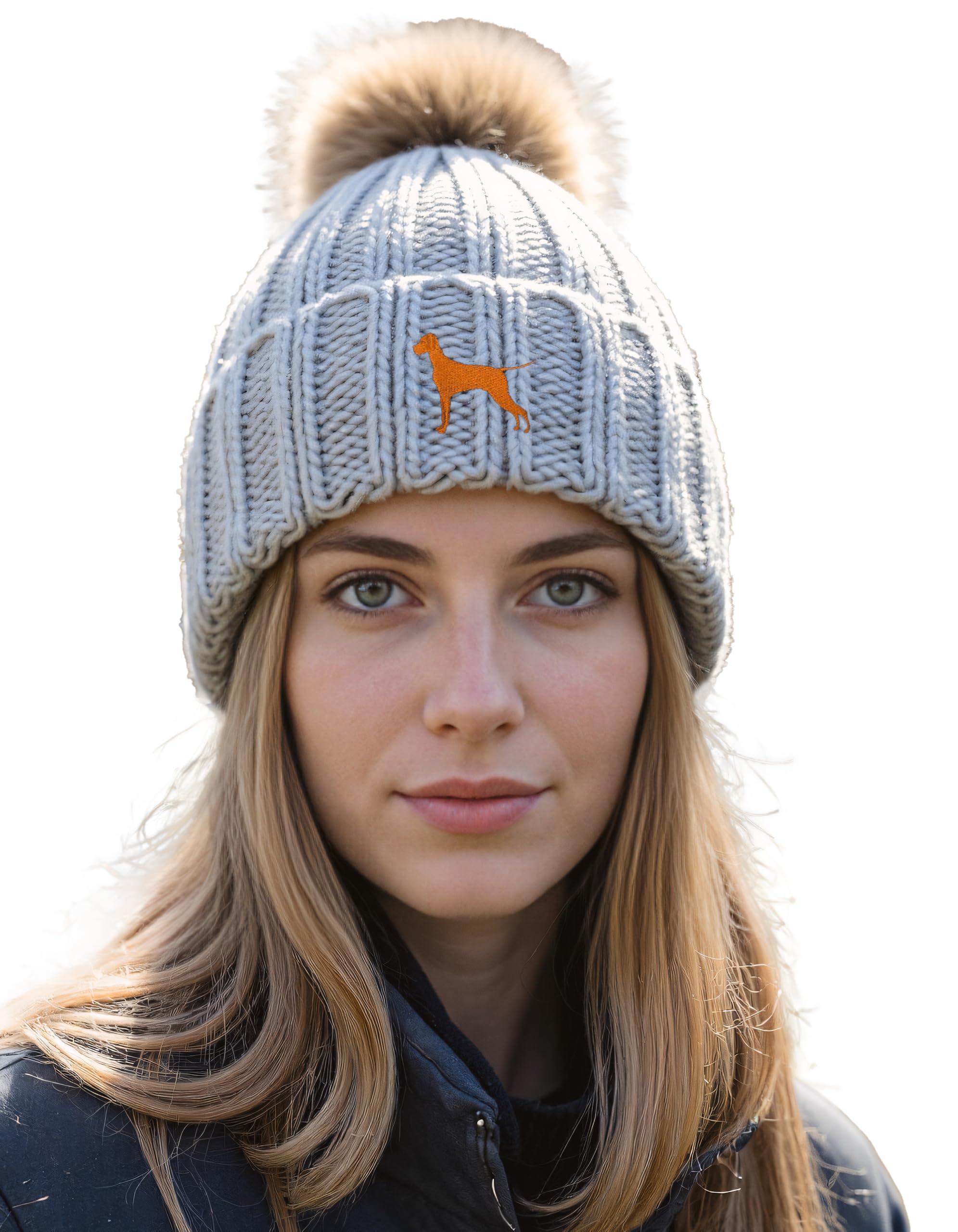 The House Of Dog: Vizsla Owner Gift. Faux Fur Pom Pom Chunky Knit Super Soft Unisex Embroidered Beanie Grey