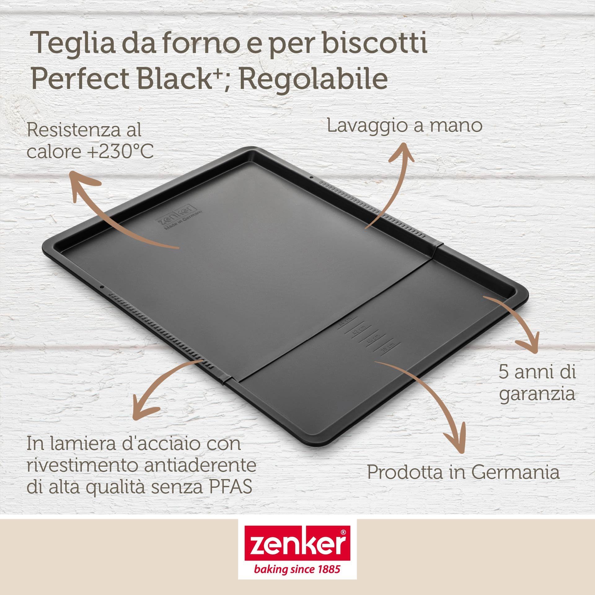 Zenker Perfect Black - Teglia da forno e biscotti, 37-52 cm, regolabile in lamiera d'acciaio con doppio rivestimento antiaderente, resistente al calore +230 °C, Made in Germany