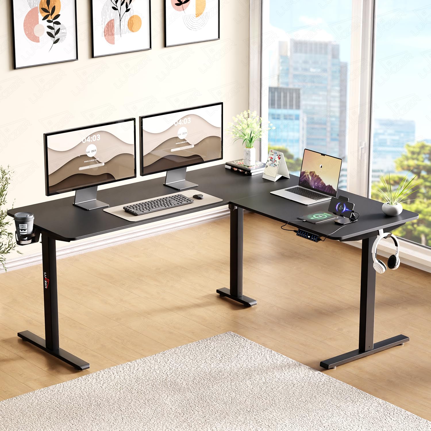 Lukzer L-Shape Electric Height Adjustable Desk with USB & Type-C Digital Display Advance Memory Preset Sit Stand Home Office Table | EST-001/UC-Black & Black | DIY Setup with 3 Years Warranty