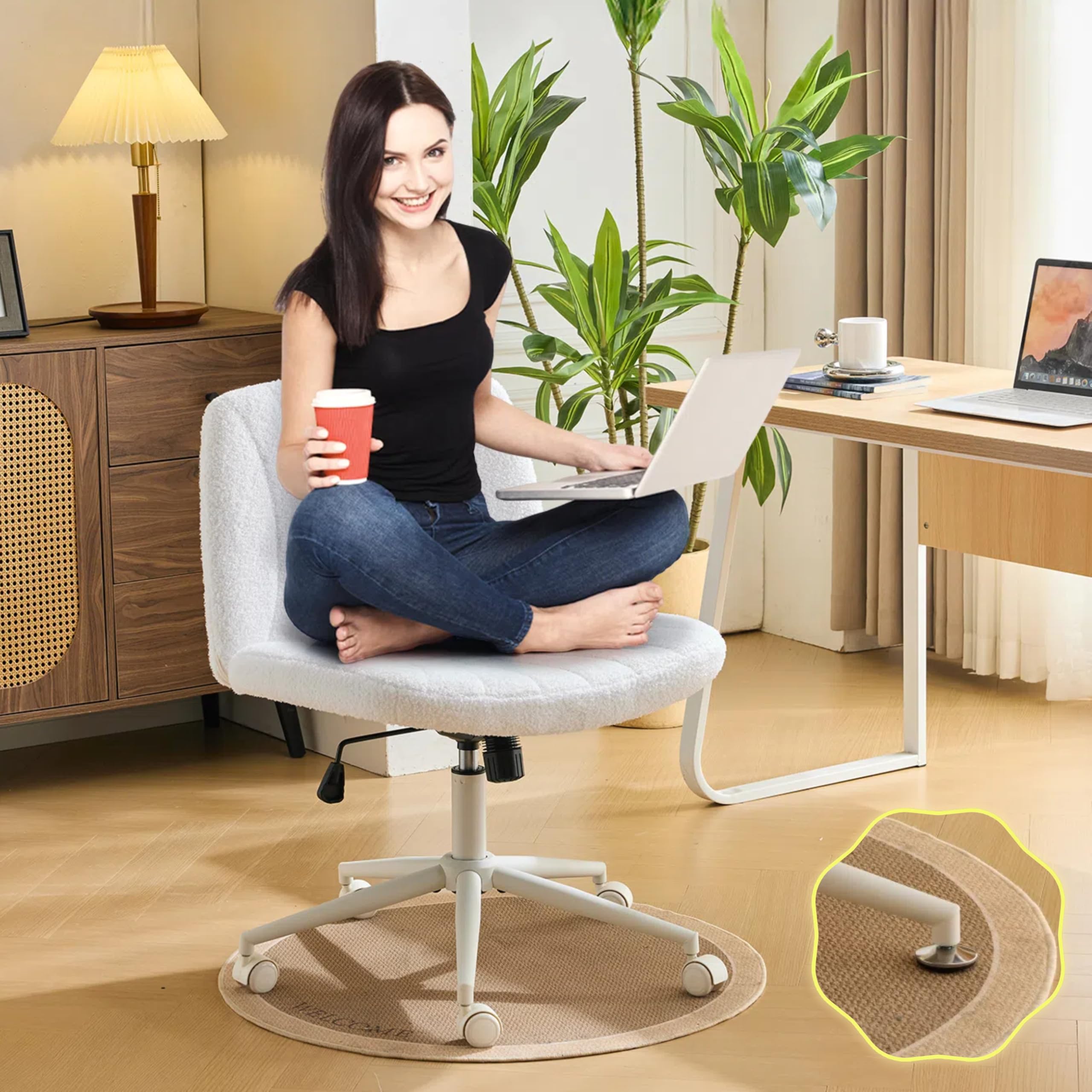 VINGLI Criss Cross Legged Chair,Wide Comfy Office Desk Chair,Dual-Use with/no Wheels Computer Task Chair,Swivel Armless Vanity Boucle Chair for Study,Make Up,Home Office,Teddy Fleece,White