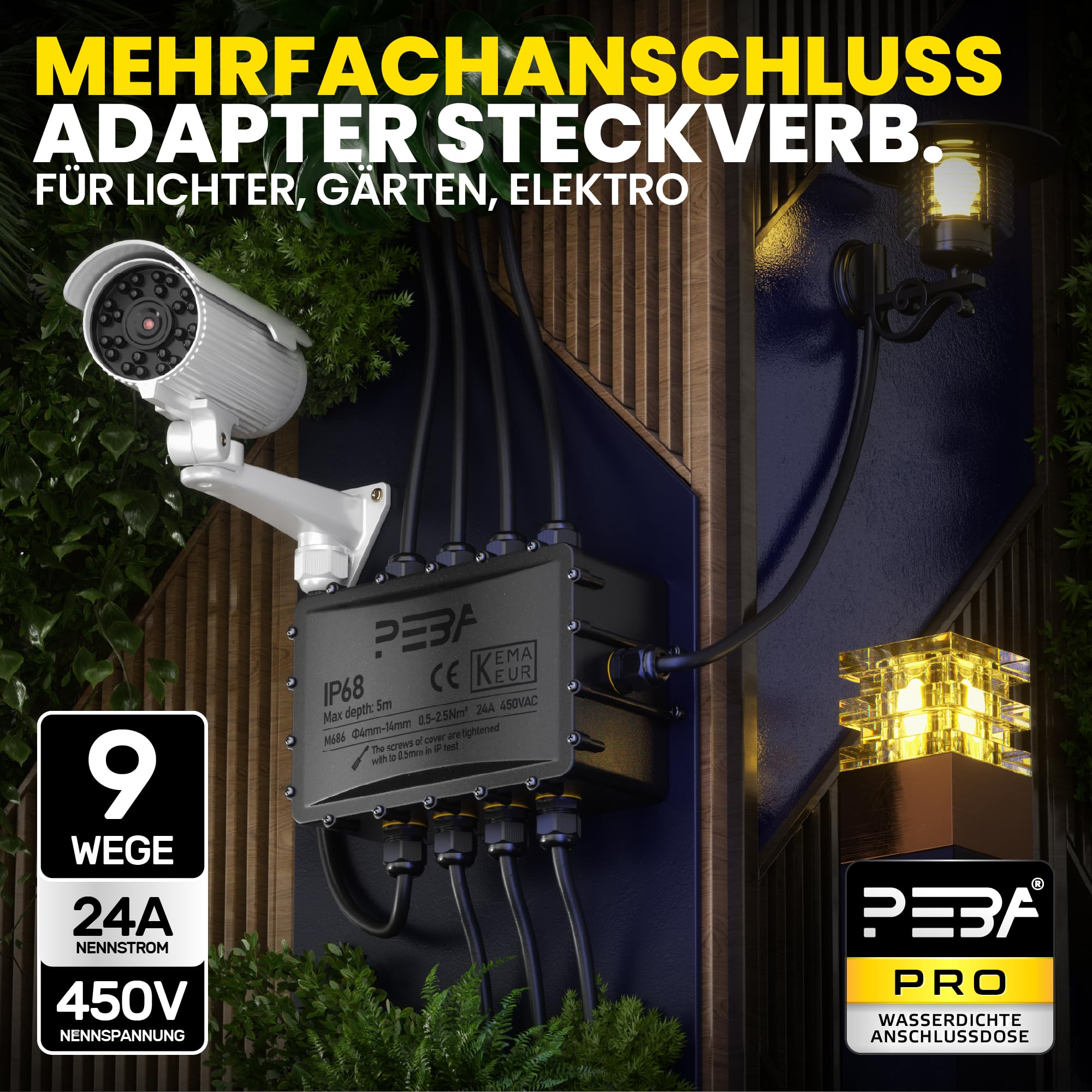 PEBA Abzweigdose IP68, Erdkabel Klemmdose Verbindungsdose, Übergroße 9 Wege Junction Box, Klemmkasten, Wasserdichte Kabelverbinder, Aufputz Verteilerdose Außen Wasserdicht, für 4-14 mm Kabel, Schwarz