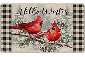Cozy Winter Welcome: Hello Winter Cardinal Red Bird Plaid Door Mat