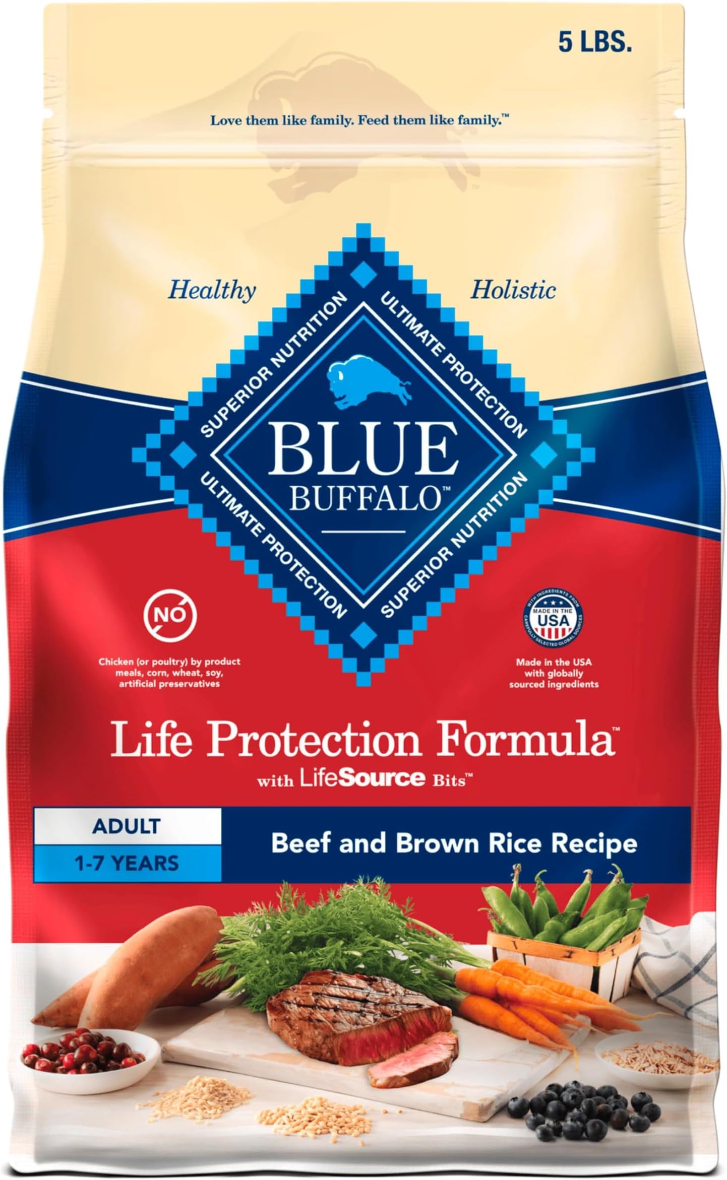 Blue Buffalo Life Protection Formula Adult Dry Dog Food, Helps Build and Maintain Strong Muscles, Made with Natural Ingredients, Beef & Brown Rice Recipe, 5-lb. Bag
