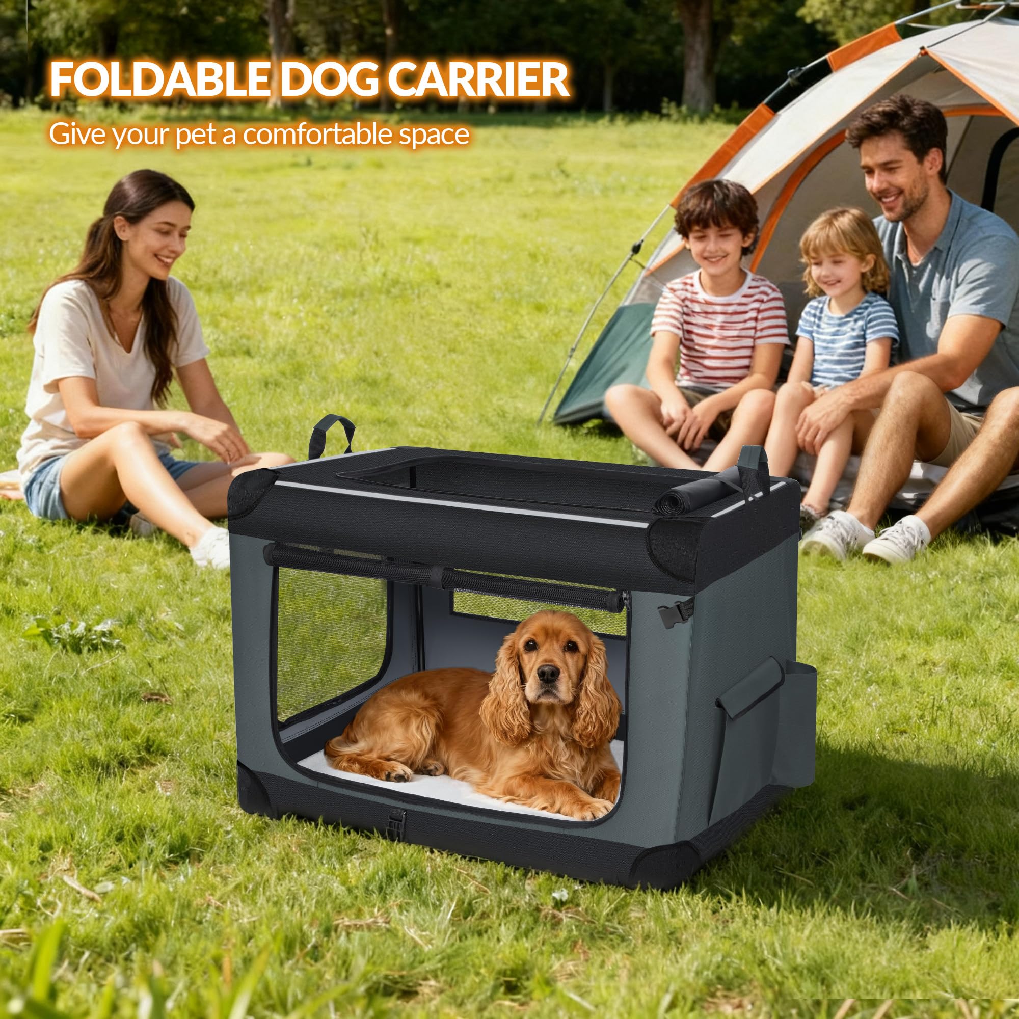 Hundebox Faltbar mit 3-Türiger, 76,2 x 53,4 x 53,4 cm, Grau | Transportbox Hund, Tragbare Hundetasche mit Reflektierenden Streifen, Taschen, Oxford-Gewebe, Matte ist Abnehmbar, FPDT006OG1