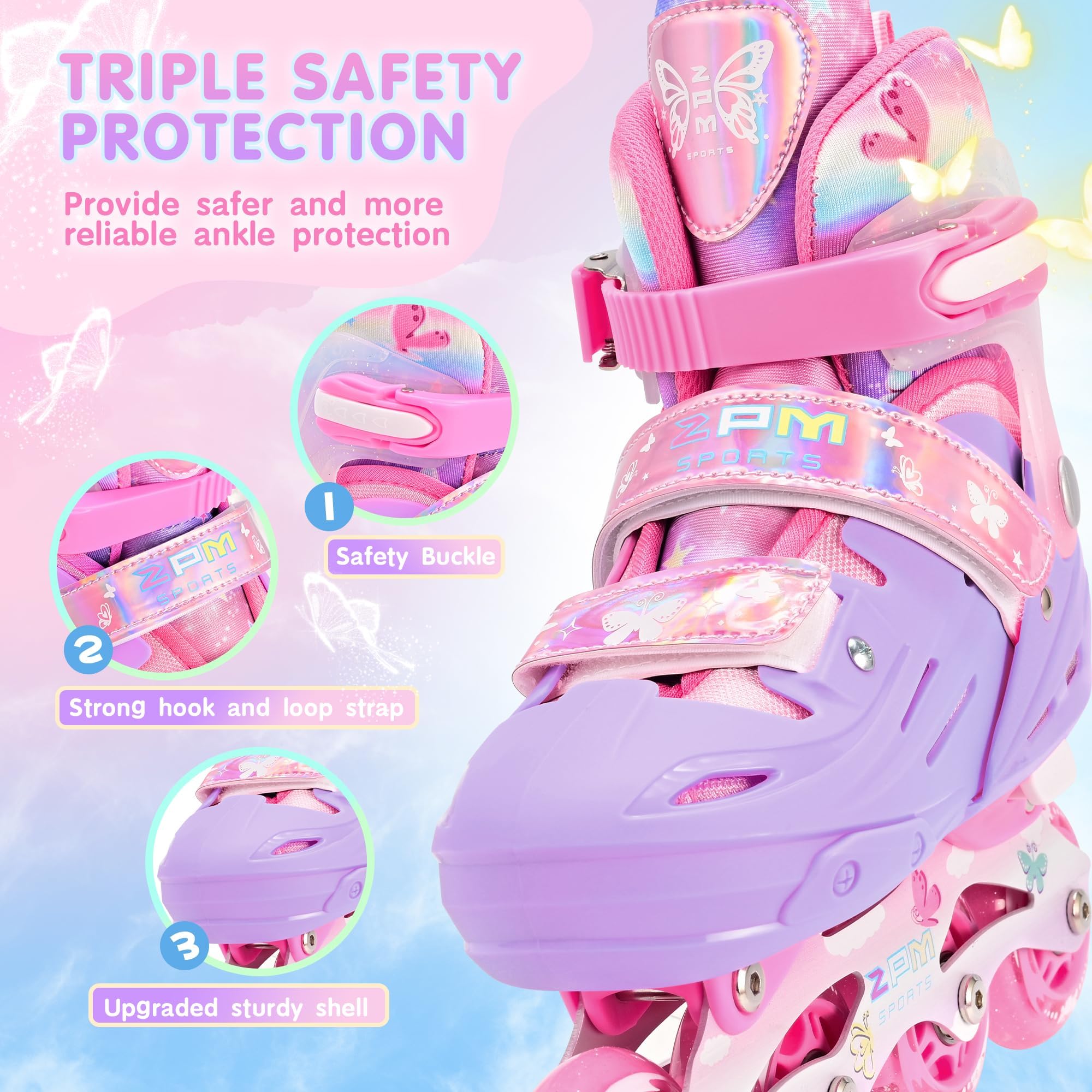 2PM SPORTS Patins à roulettes en Ligne pour Filles Enfants - Rose Bleu 4 Tailles réglables Intérieur Extérieur Débutants