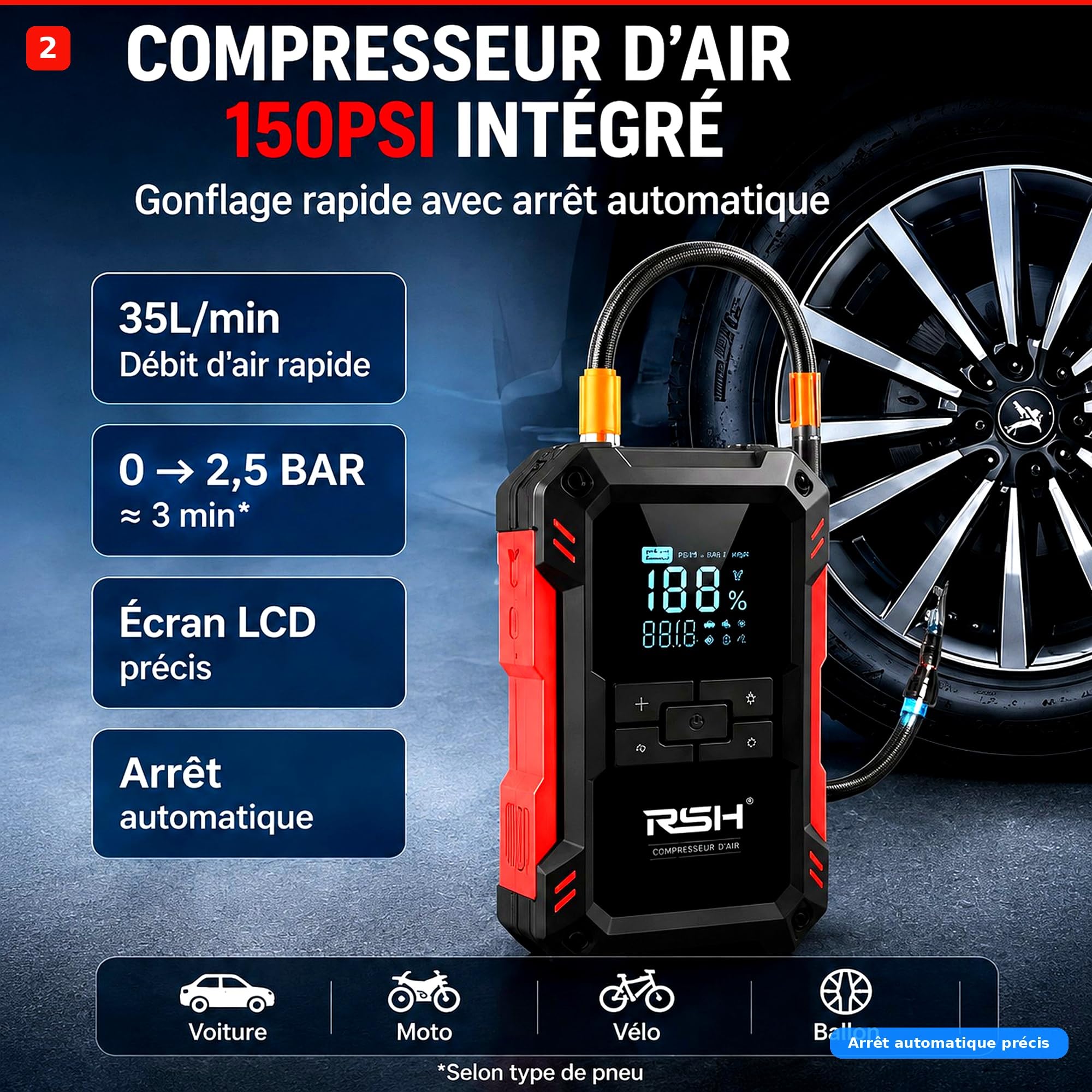 RSH Booster Batterie 4-en-1 — 4000A Jump Starter + Compresseur 150PSI + Batterie Externe 10000mAh + LED — Voitures Essence 9L/Diesel 6.5L, Pinces Intelligentes Anti-Étincelles, Certifié CE RoHS