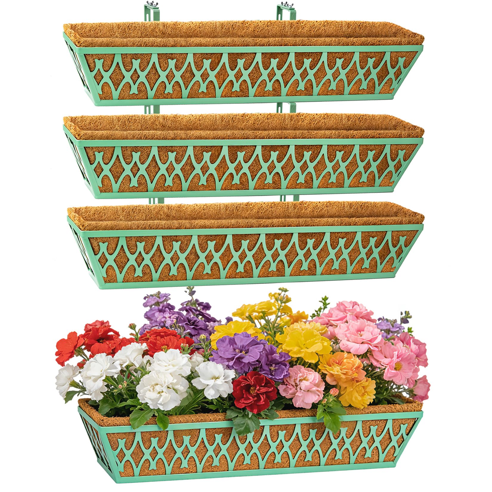 4 Pack 30 Inch Window Boxes Planters Railing Planter Box with Adjustable Brackets for Porch Fence Patio Balcony Hanging Flower Baskets with Coco Liners for Outdoor Garden Decor - Green