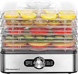 Elite Gourmet EFD3321X Desidratador de alimentos, bandejas de aço inoxidável, controles de temperatura ajustáveis, carne seca, ervas, frutas, vegetais, lanches secos, aço inoxidável