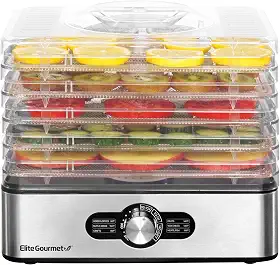 Elite Gourmet EFD3321X Desidratador de alimentos, bandejas de aço inoxidável, controles de temperatura ajustáveis, carne seca, ervas, frutas, vegetais, lanches secos, aço inoxidável
