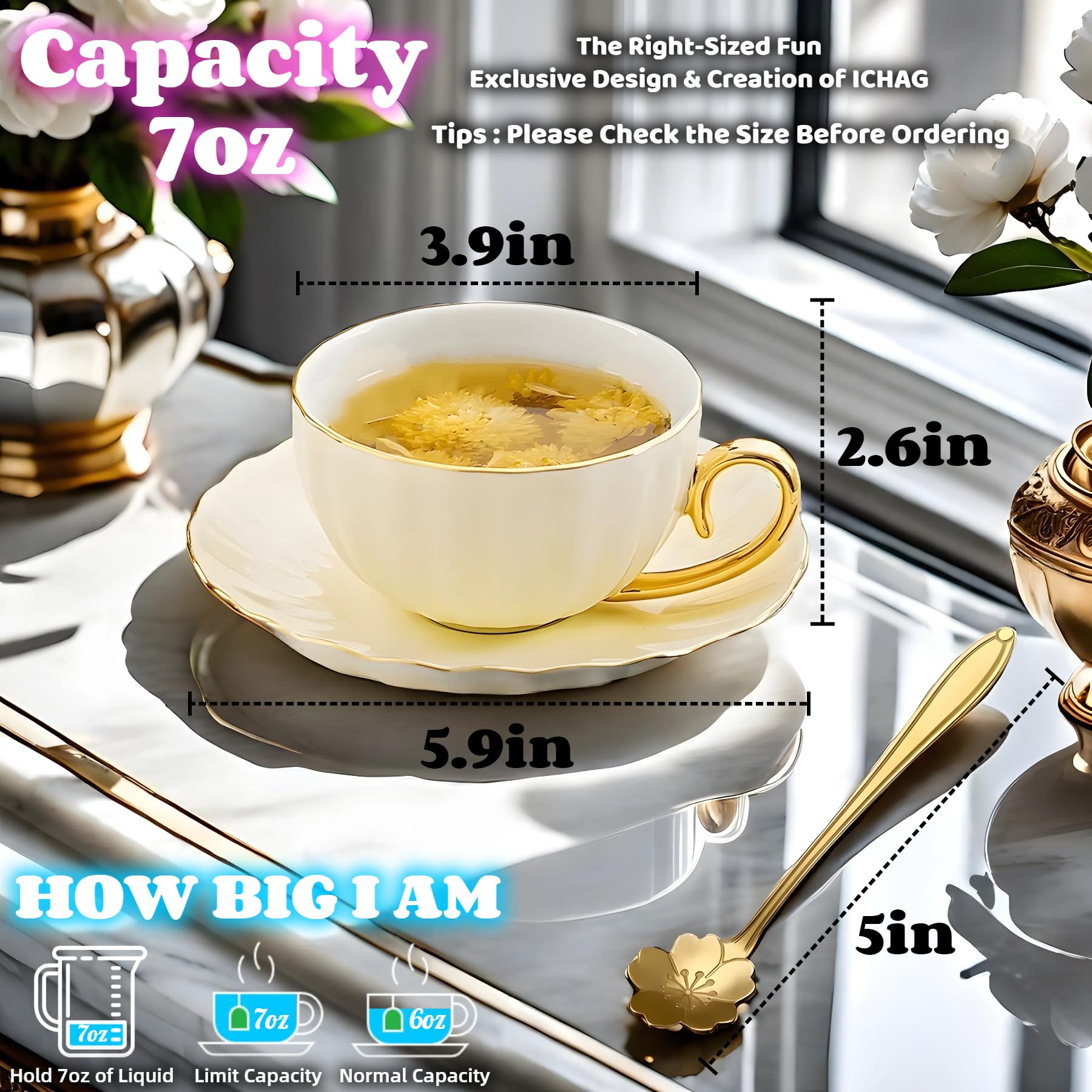 ICHAG Juego de 6 tazas de té y platillos, juego de tazas de té, taza de té y platillo, juegos de té para mujeres, fiesta de té para adultos, tazas de té de calabaza de 7 onzas, para té de la tarde,