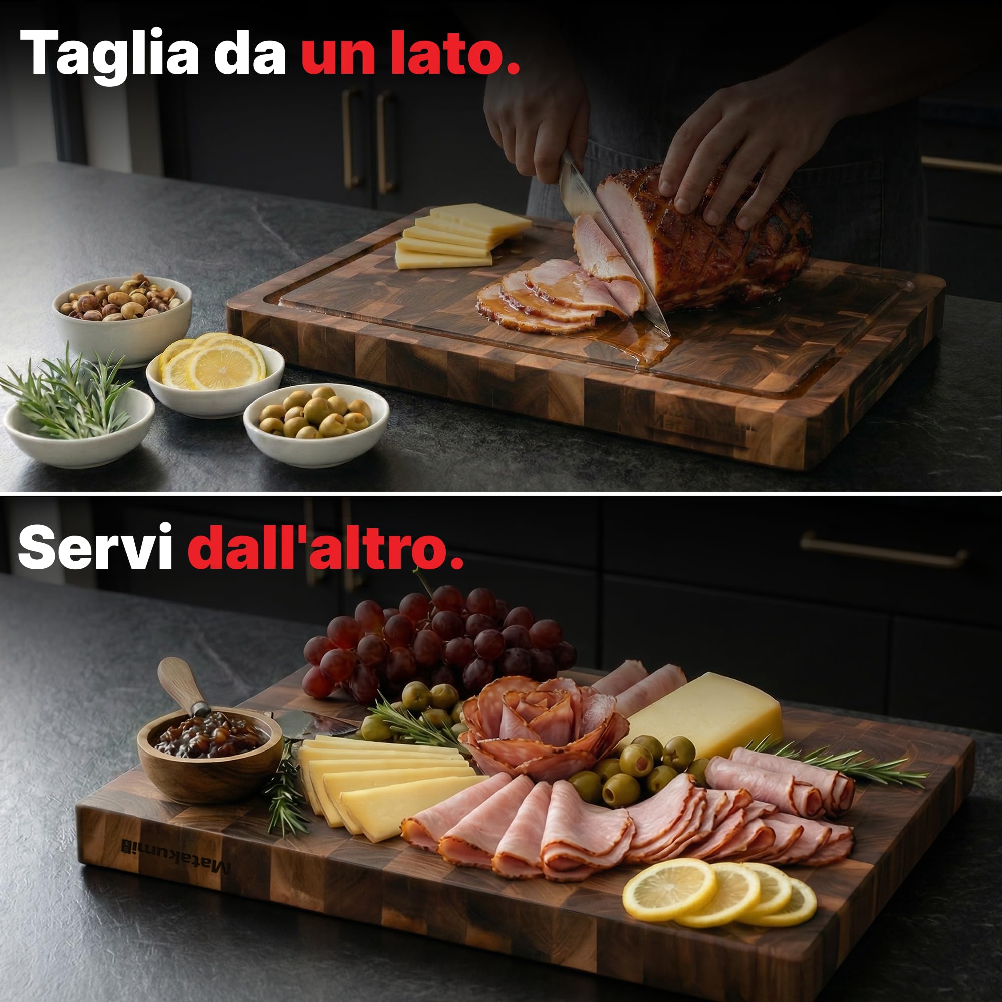 Matakumi Tagliere Legno – Tagliere in Legno di Acacia con Manici Laterali, Scanalatura per Il Succo e Legno di Testa per Mantenere Il Coltello Affilato – A Due Lati (40 x 30 x 3 cm)