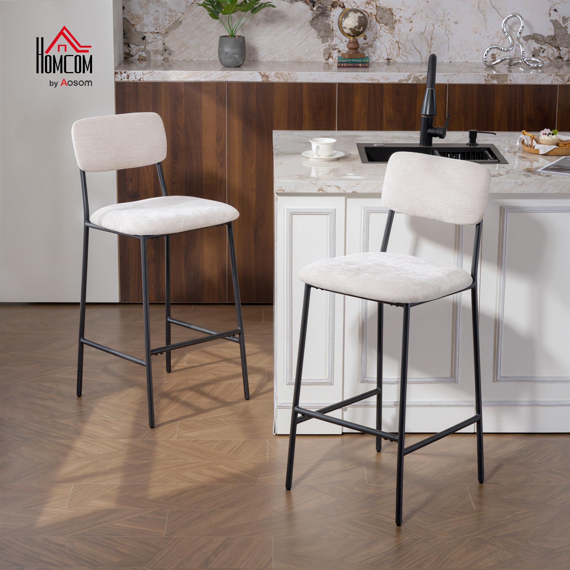 HOMCOM Set de 2 Taburetes de Bar y Cocina Altos, Respaldo Alto, Crema