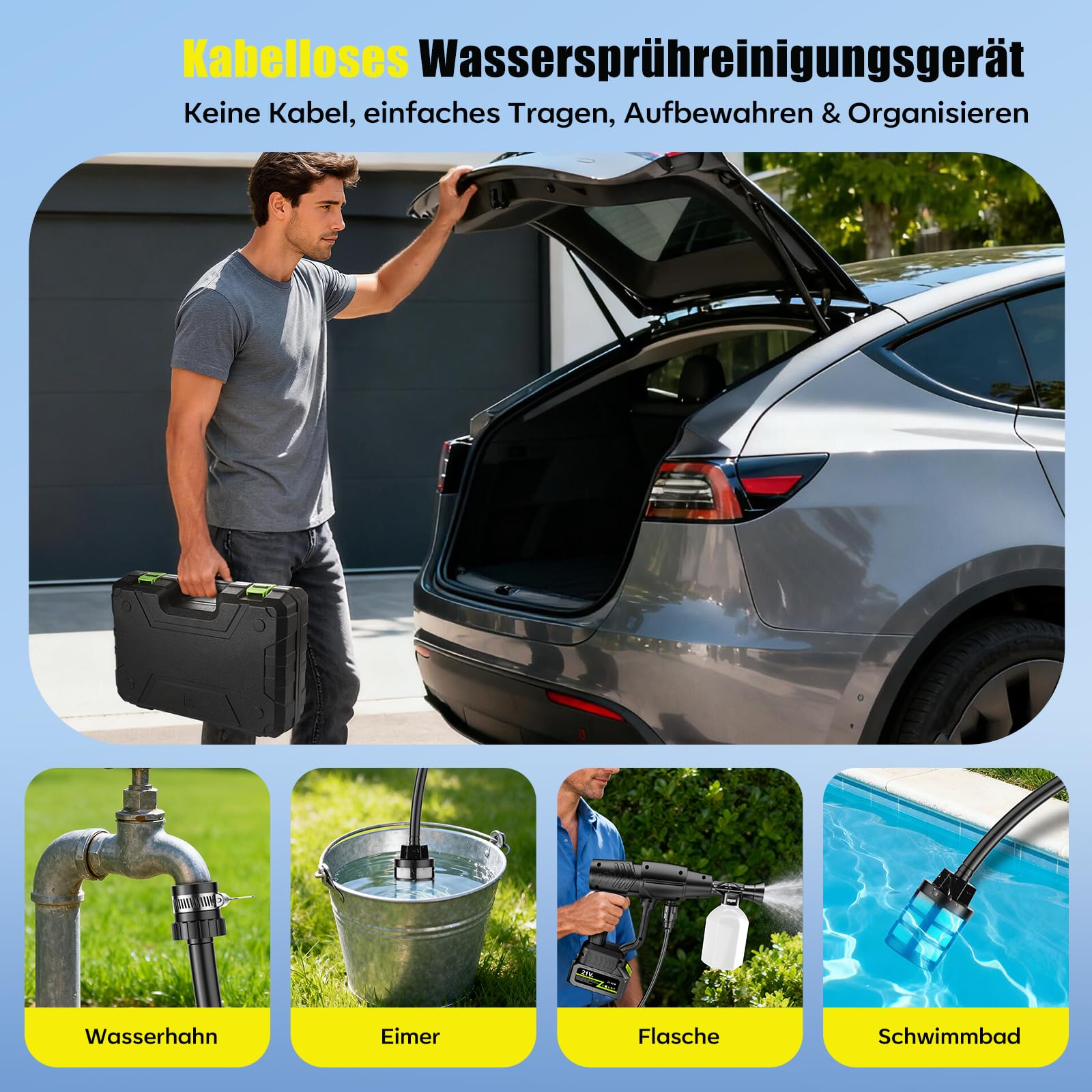 YKYI Akku Hochdruckreiniger - 7m Schlauch, 6-in-1 Düse & 30 Druckstufen, mit 21V Akku, 1200 PSI Portable Pressure Washer für Auto, Garten, Fenster & Camping