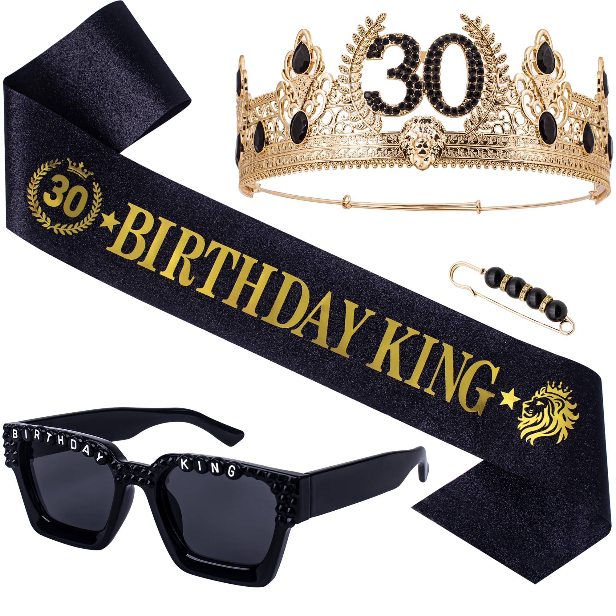 JUSTOTRY 3 pcs 30th Birthday Gifts for Men Set,Black Dirty 30 Birthday Glasses,Adjustable Birthdays King Tiara and Sash for 30th Birthday Decorations for Him