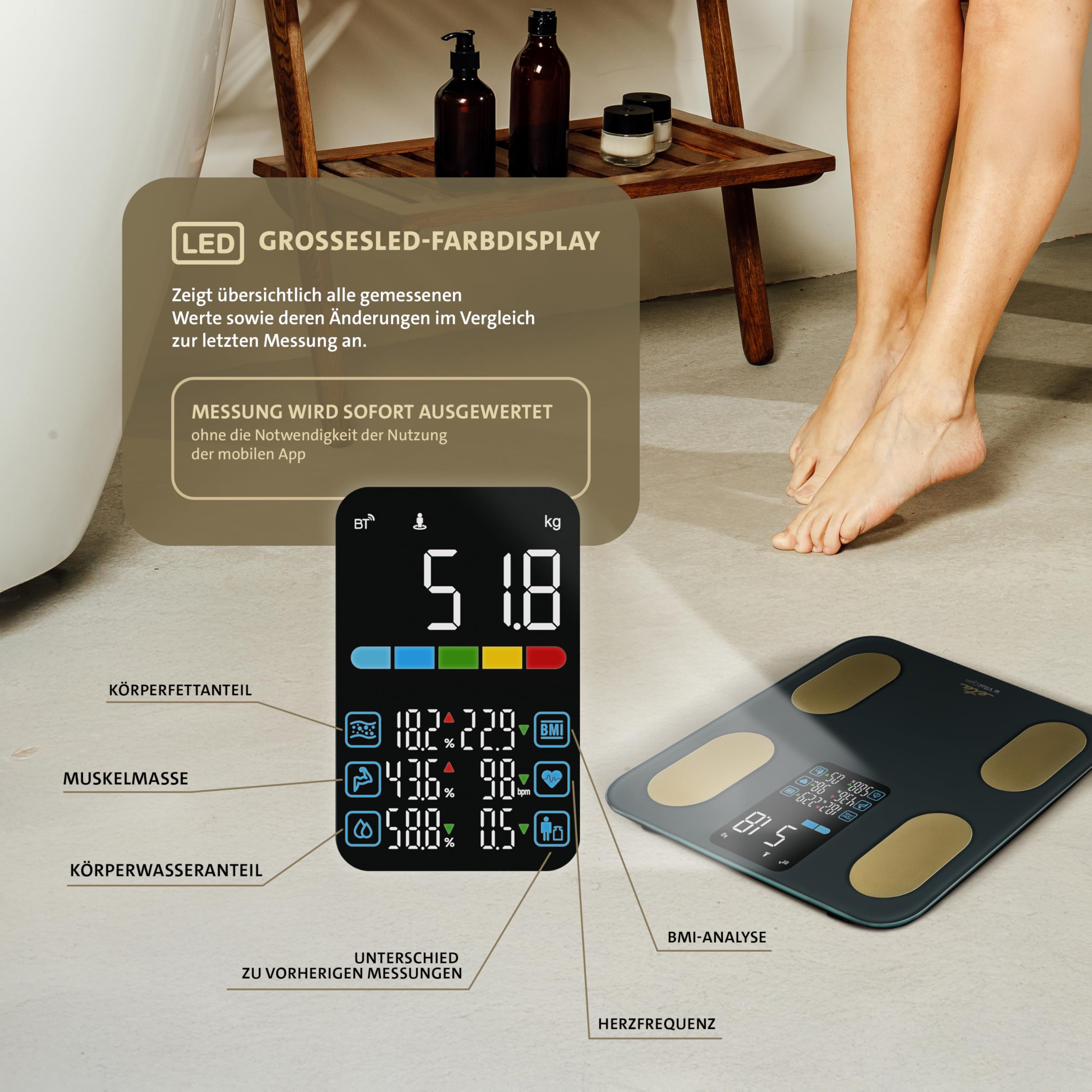 ETA Vital Gym Smart - Bilancia pesapersone intelligente, analisi diagnostica corporea, fino a 200 kg, grasso corporeo, massa muscolare, massa ossea e analisi dell'acqua, app Bluetooth, 10 utenti
