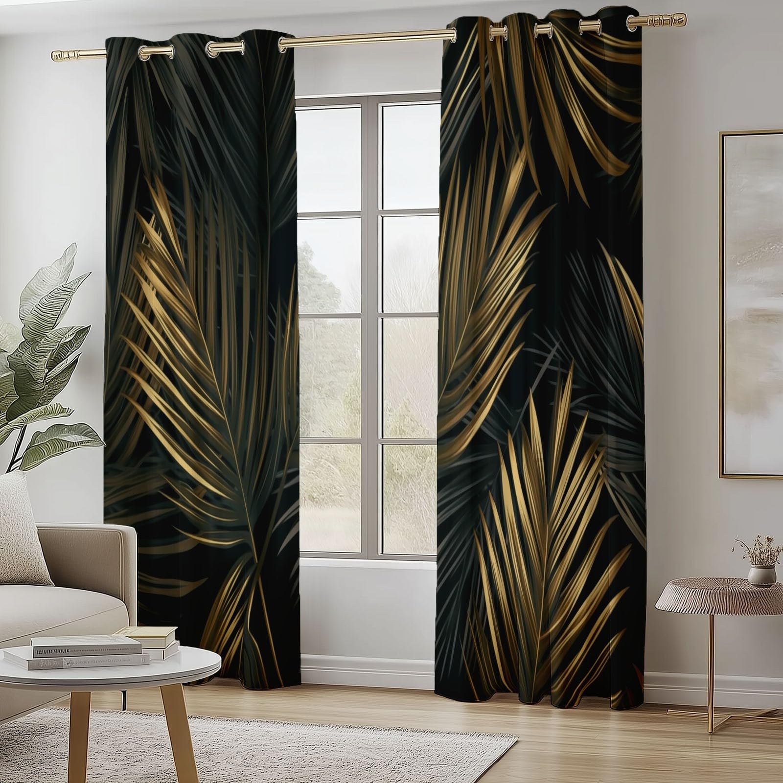 Wärmeisolierende Verdunkelungsvorhänge H166 x B75 cm (2er Set), Pflanzen Palmblätter, Schützende Ösenschals für schmale Fenster, Schwarz Gold