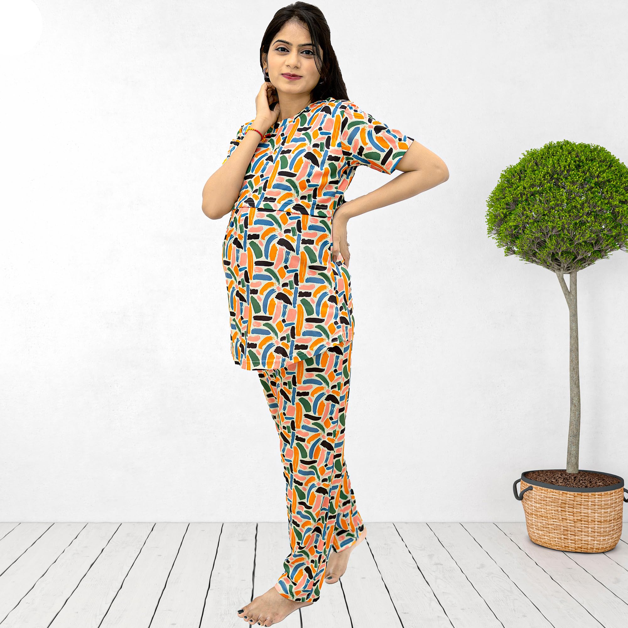 The Starmom Women's Zipless Cotton Blend Printed Maternity & Feeding Night Suit Set of Top & Pajama Set | Pre & Post Pregnancy Nursing Night Dress Peach - Image 7 thumbnail