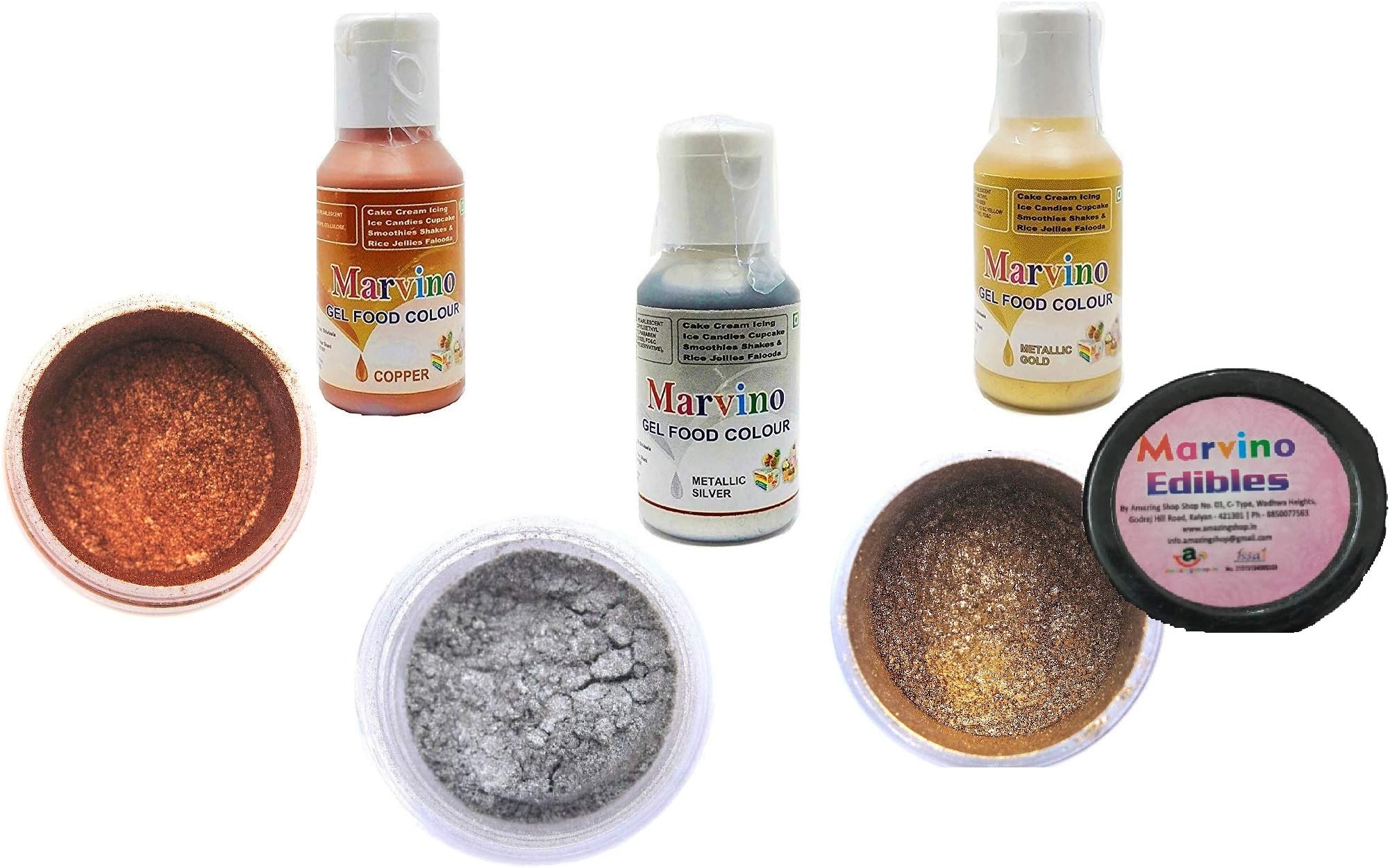 Marvino Cake Decorating Kit Silver Gold Copper Gel Colors and Edible Glittering Shiner Dust Pack of 6