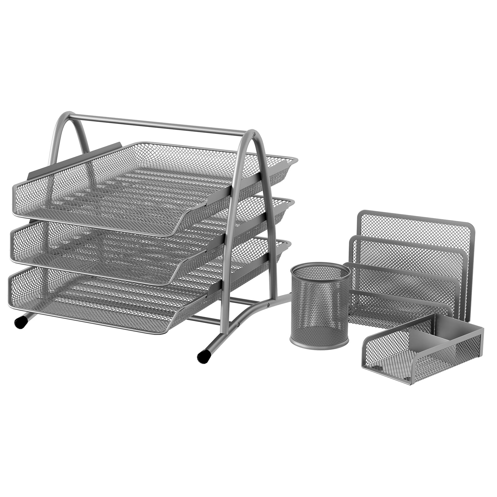 EasyPAG 4 Piezas Metal Malla Oficina 3 Niveles A4 Bandeja Escritorio,Almacenamiento Papeles,Clasificador Correo, Organizador Lapiceros,Soporte Notas,Estante Cartas,Plateado