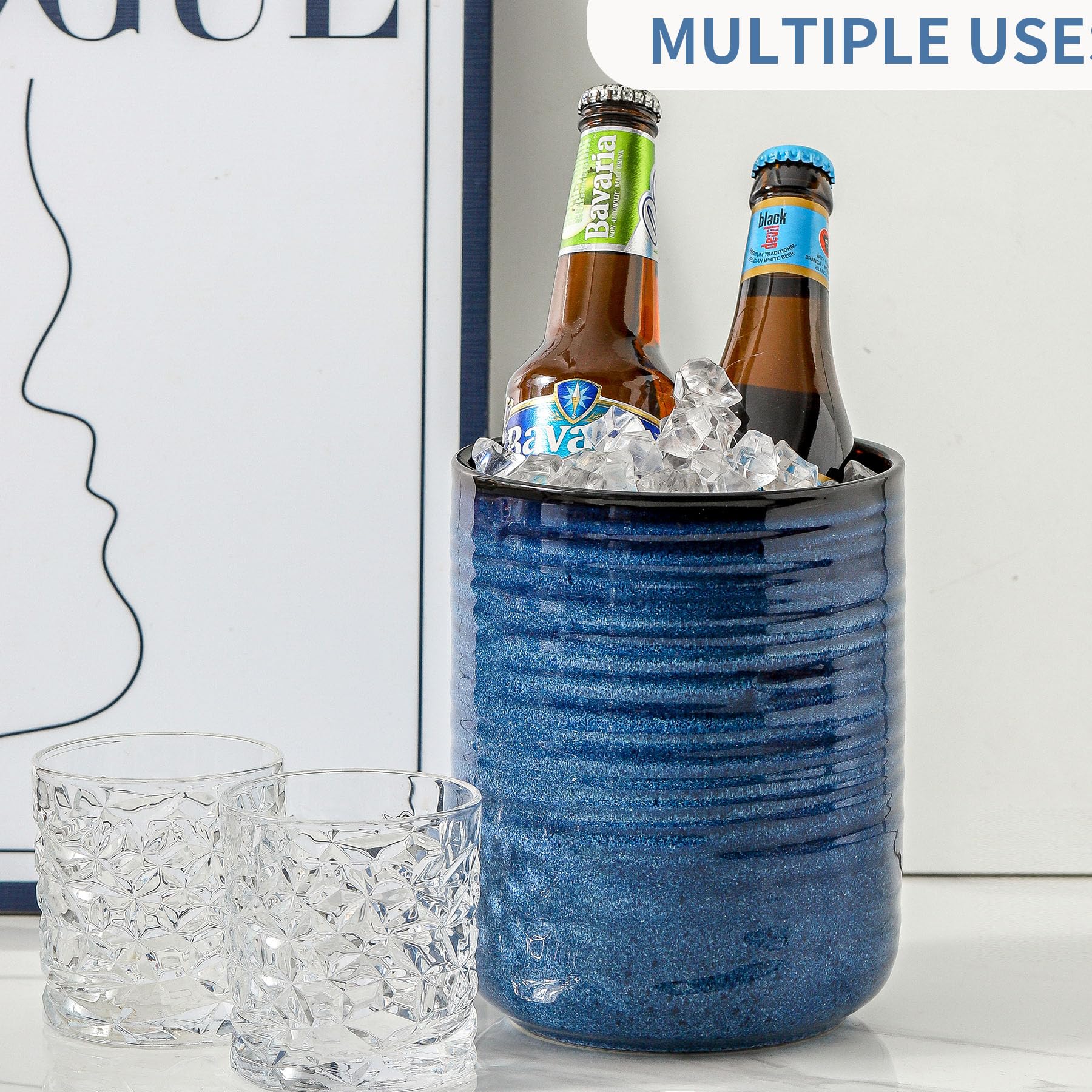 HASENSE Großer Keramik-Utensilienhalter, 18,8 cm, Küchenutensilien-Topf für Arbeitsplatte, moderner Bauernhaus-Utensilien-Organizer für Kochutensilien-Set, blaue Küchendekoration