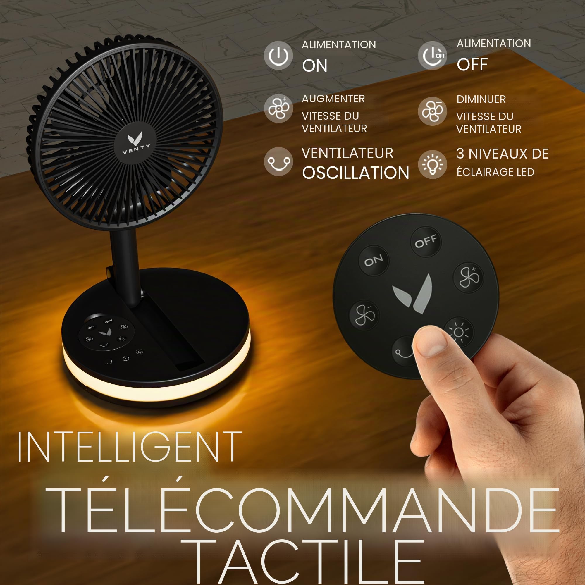 VENTY Ventilateur Portable Rechargeable - Ventilateur Pliable avec étui Transport et Port Usb - 4 Vitesses, Compact et Réglable pour Table, Camping, Bureau - Avec et Télécommande - Portable Fan