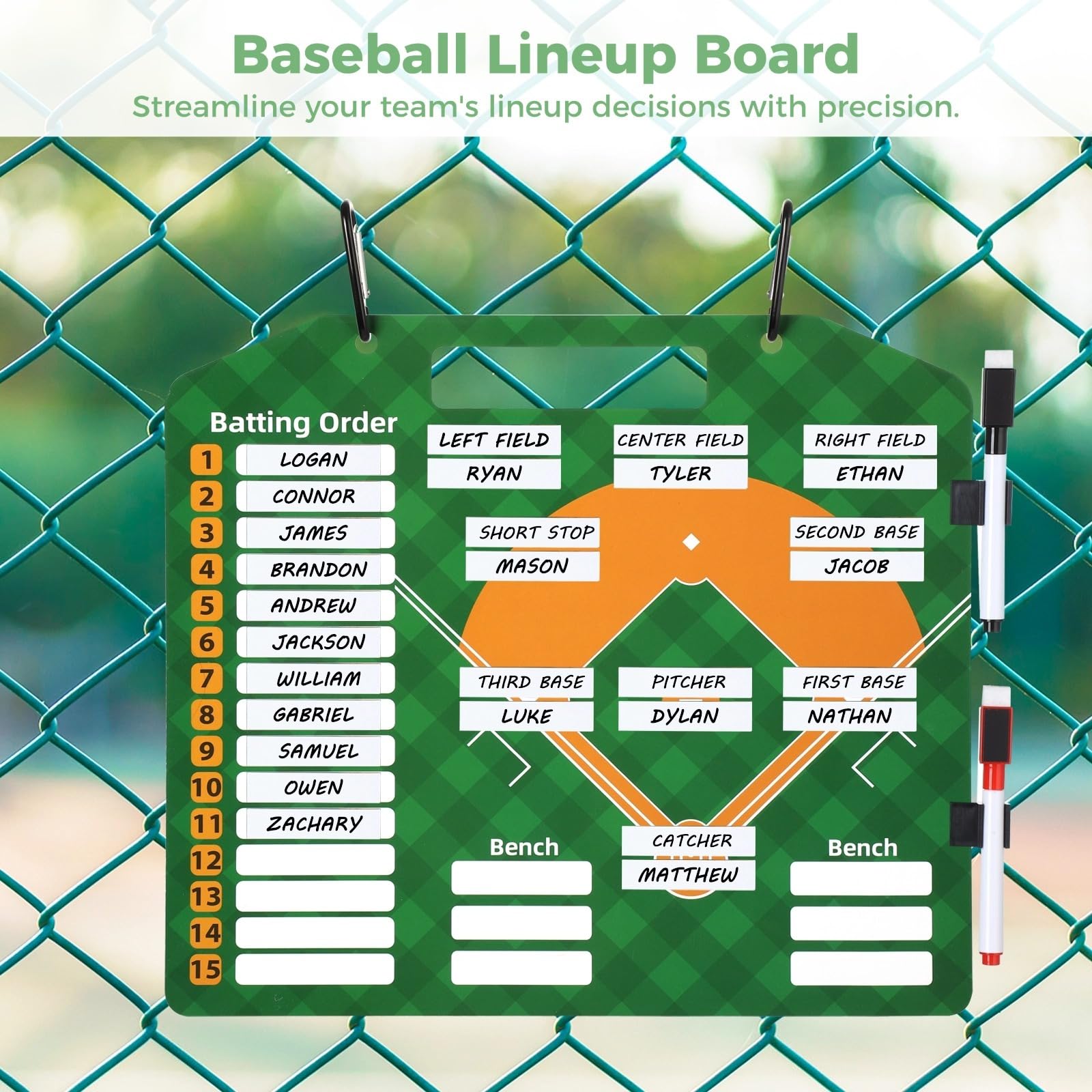 Baseball-Aufstellungsboard, 12,6 x 11 Zoll, doppelseitige Taktiktafel mit 30 haftenden Streifen und 2 Stiften, tragbares Softball-Board für Schlagreihenfolge und Feldpositionen