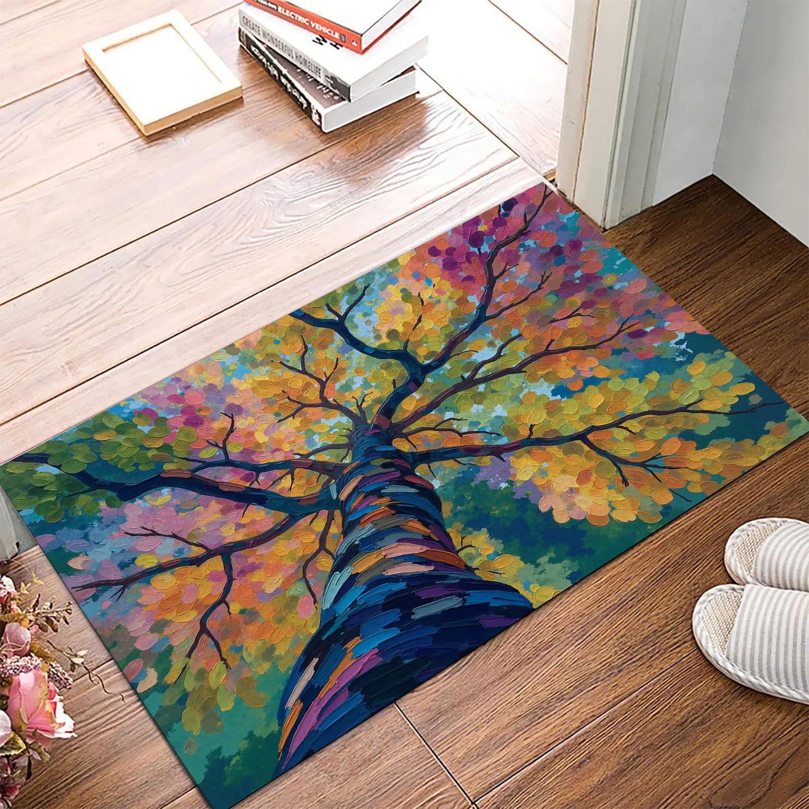Tapis d'entrée intérieur 60x90 cm lavable motif abstrait multicolore