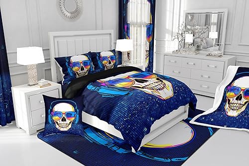 Miniatura 4 de Erosebridal Juego de ropa de cama con diseño de calavera y auriculares para niños, funda de edredón de calavera musical, tamaño Queen, diseño de