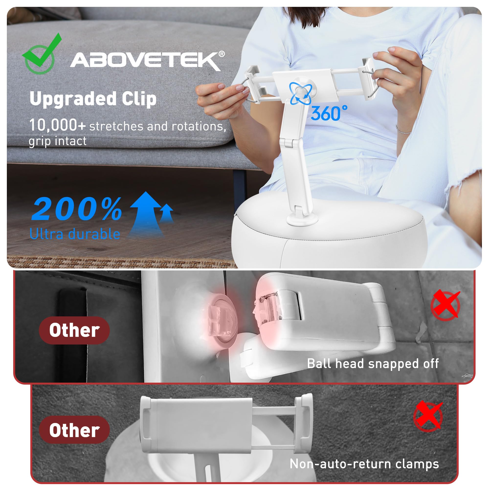 AboveTEK Tablet Kissen Halter, ipad Halterung für Schoß/Sofa mit Weichem Sitzsack, Mehrere Winkel Verstellbar Arm, ipad-Halter Bett für Kindle Handys Tablets von 4,7 bis 12,9 Zoll (Weiß)