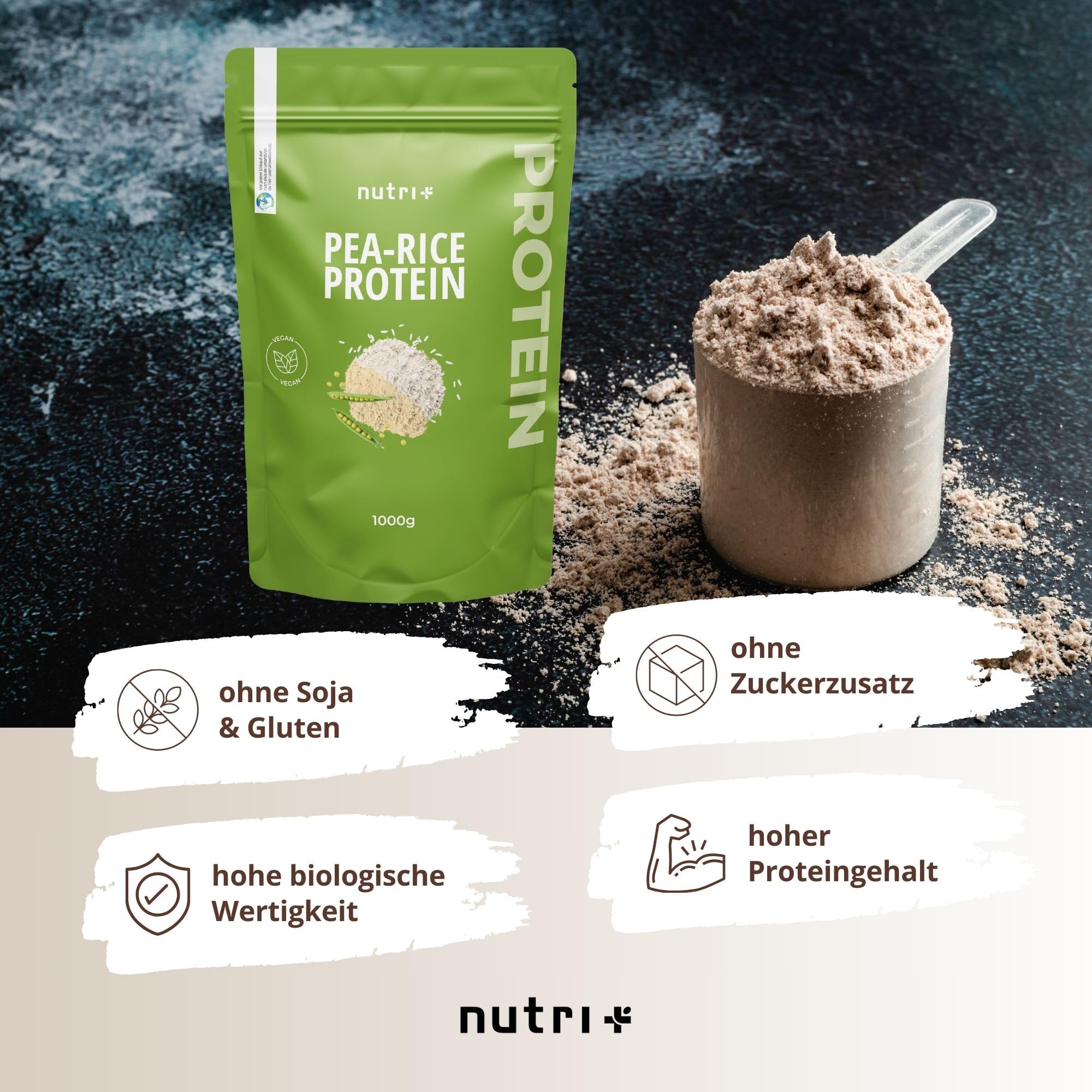 Nutri + Erbse Reis Protein Pulver Schokolade - Veganes Eiweißpulver ohne Soja, Gluten, Laktose, Zucker - Schoko 1 kg Proteinpulver - Pea Rice Eiweiß