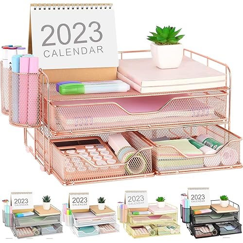 gianotter 3 Tier Desk Drawer Organizer, Office Desk Organizers and Accessories with 2 Pen Holder, Desk Accessories & Workspace Organizers for Home Office Supplies (Rose Gold)